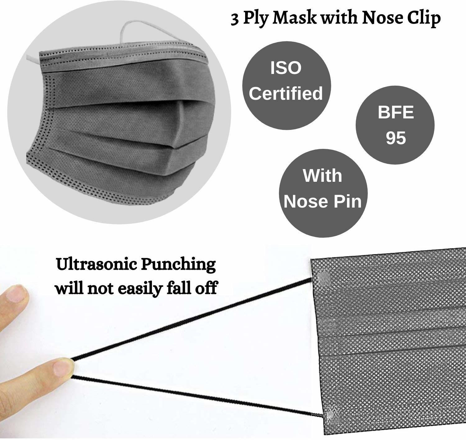 Image of Vaghani 3 Ply Surgical Mask (200 Piece) ( Grey ) Surgical Mask With Melt Blown Fabric Layer (Grey, Free Size, Pack of 200, 3 Ply)