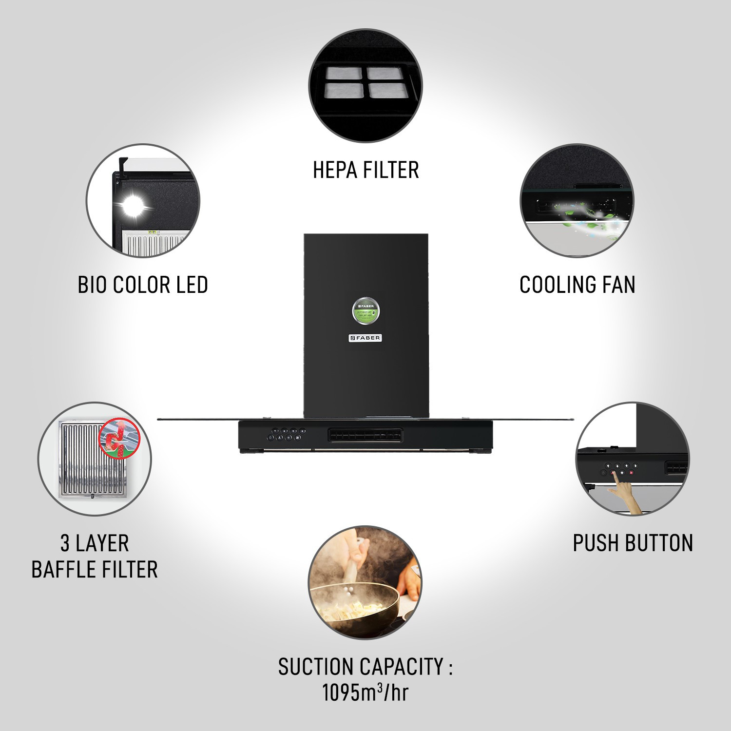 Image of FABER HOOD 3N1 AEROSTATION GLAMOUR PRO 3D BK FT 90 Wall Mounted Black 1095 CMH Chimney