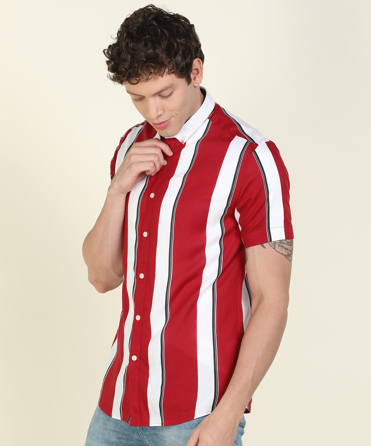 Image of FLYING MACHINE Men Striped Casual Red Shirt