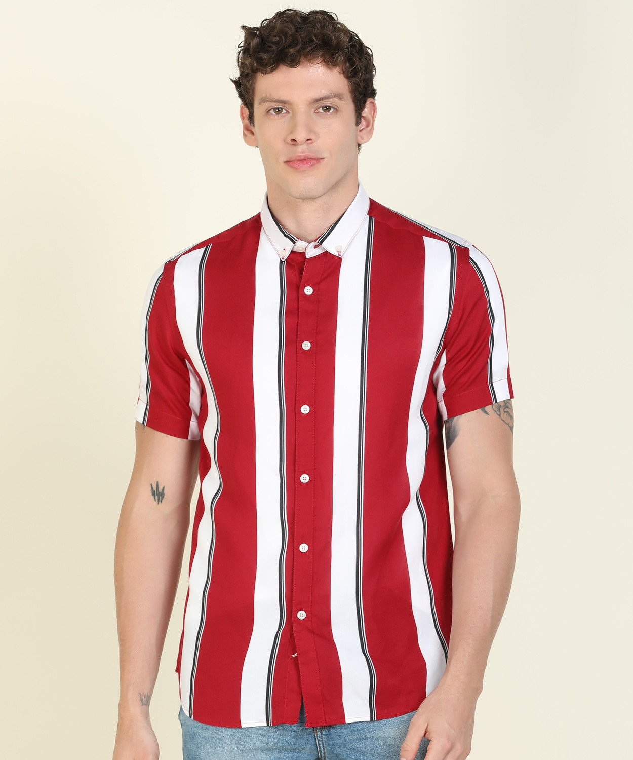 Image of FLYING MACHINE Men Striped Casual Red Shirt