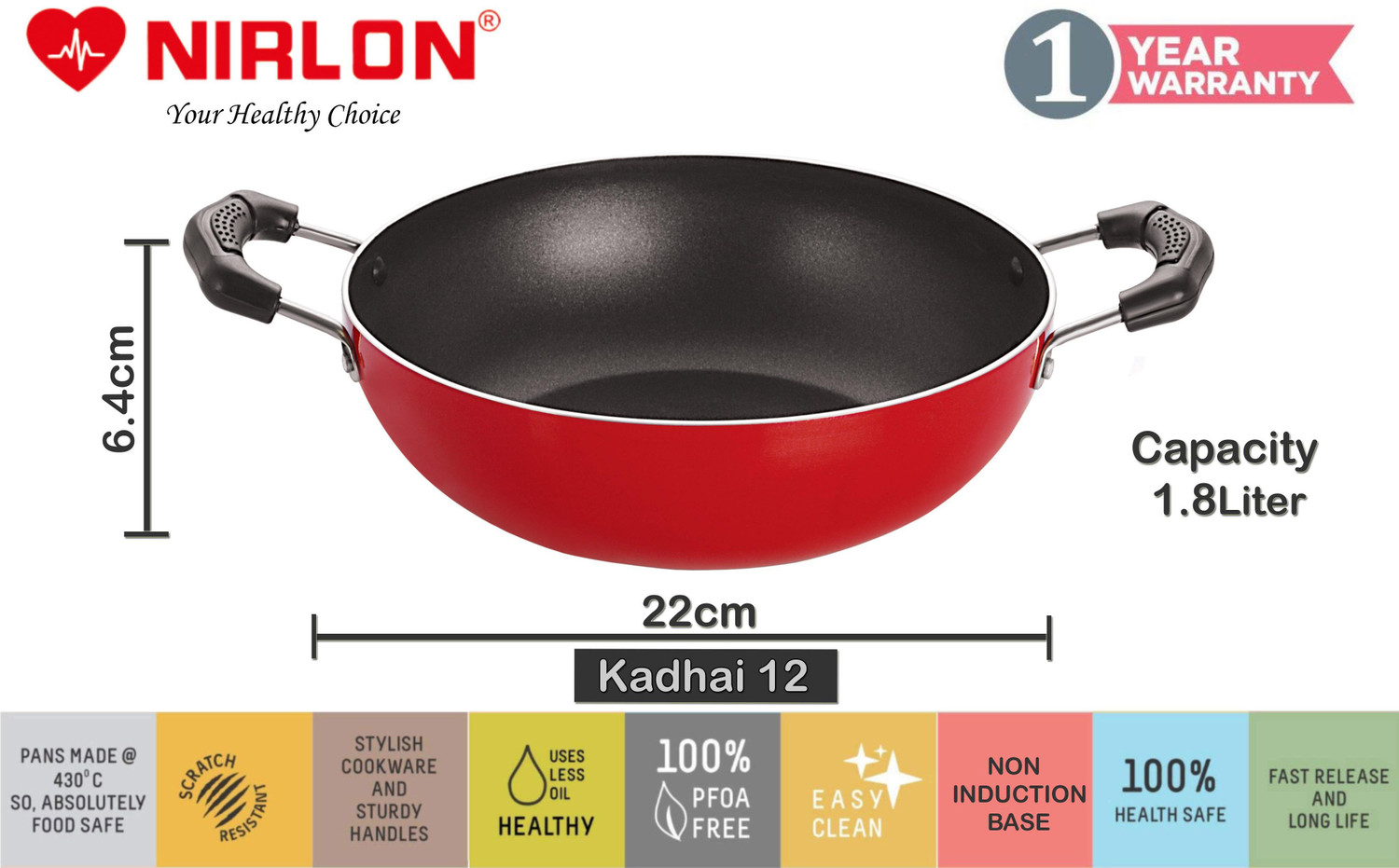 Image of NIRLON Classic Kadhai 24 cm diameter with Lid 3 L capacity