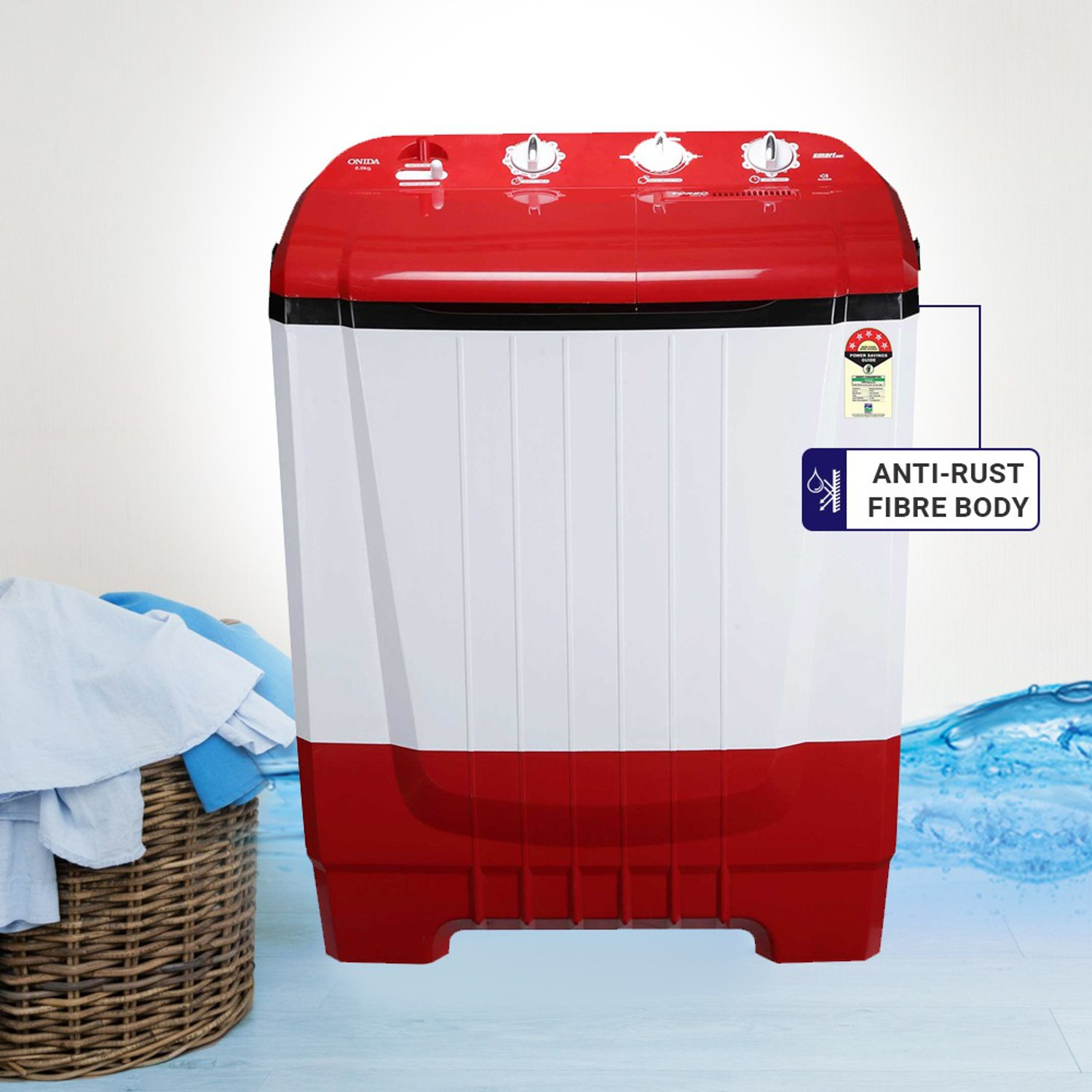 Image of ONIDA 8 kg 5 Star Rating, Auto Scrubber Semi Automatic Top Load Washing Machine Red
