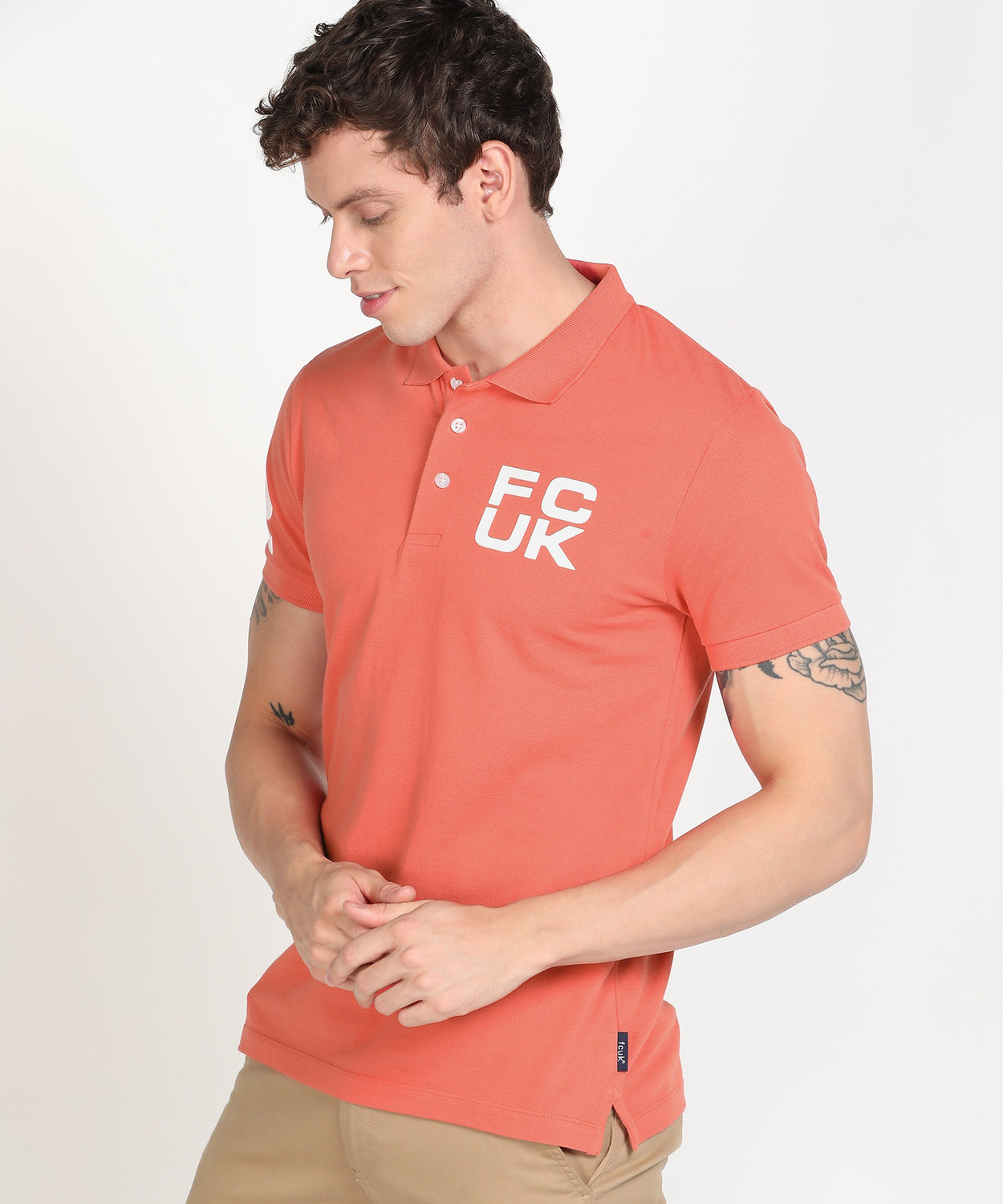Image of French Connection Solid Men Polo Neck Orange T-Shirt