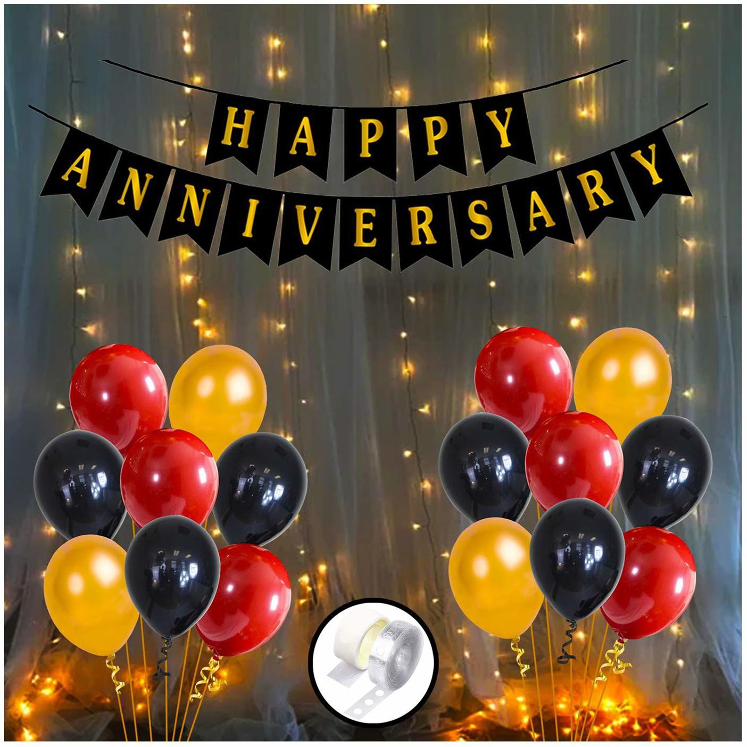 Image of Miss & Chief by Flipkart Solid Happy Anniversary Decoration Kit for Home With Happy Anniversary Banner Kit, Metallic Balloons 1set LED Lights Combo - 54Pcs Anniversary Decoration Items for 25th 50th 1st Wedding Party Decoration, Mom DAD Balloon