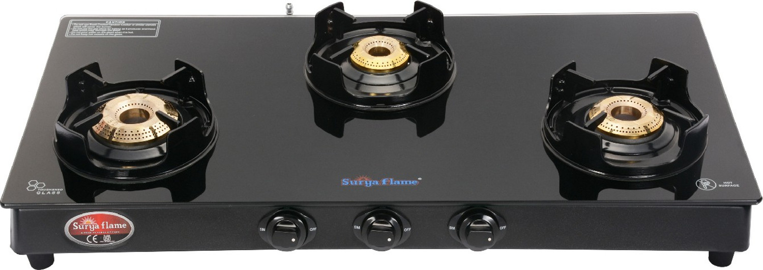 Image of Suryaflame byISI certified LPG 3 Burner Cooktop Black Knight Chulha 2 Years Doorstep Service Glass Manual Gas Stove