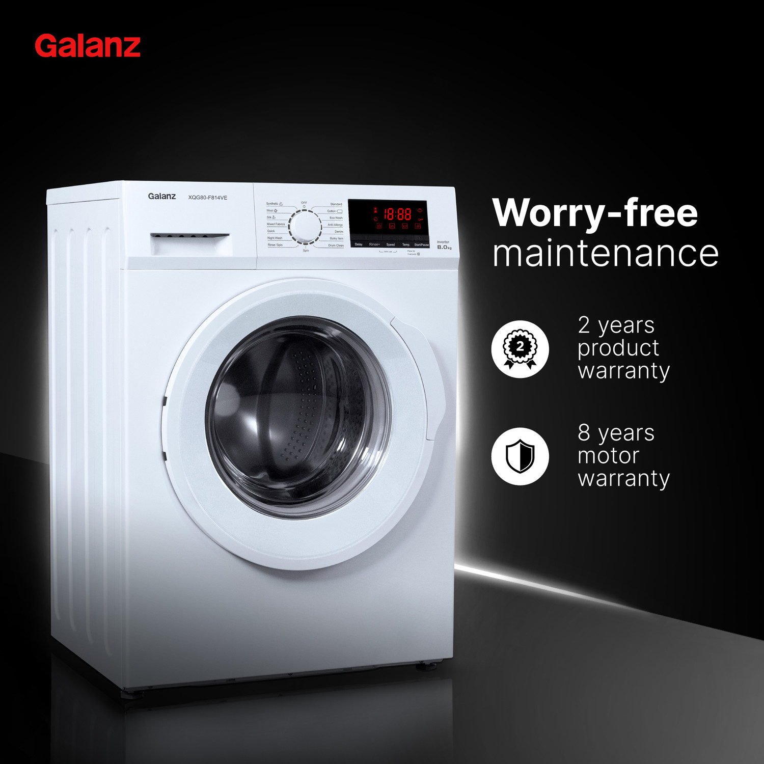 Image of Galanz 8 kg Quick Wash, Inverter Fully Automatic Front Load Washing Machine with In-built Heater White