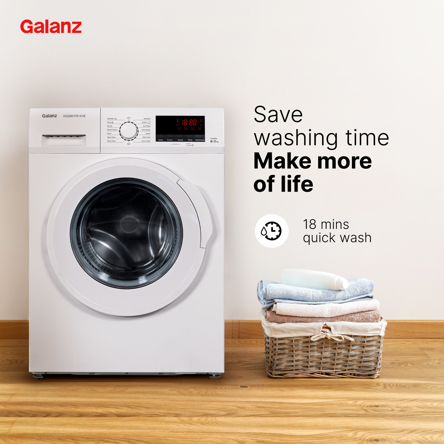 Image of Galanz 8 kg Quick Wash, Inverter Fully Automatic Front Load Washing Machine with In-built Heater White