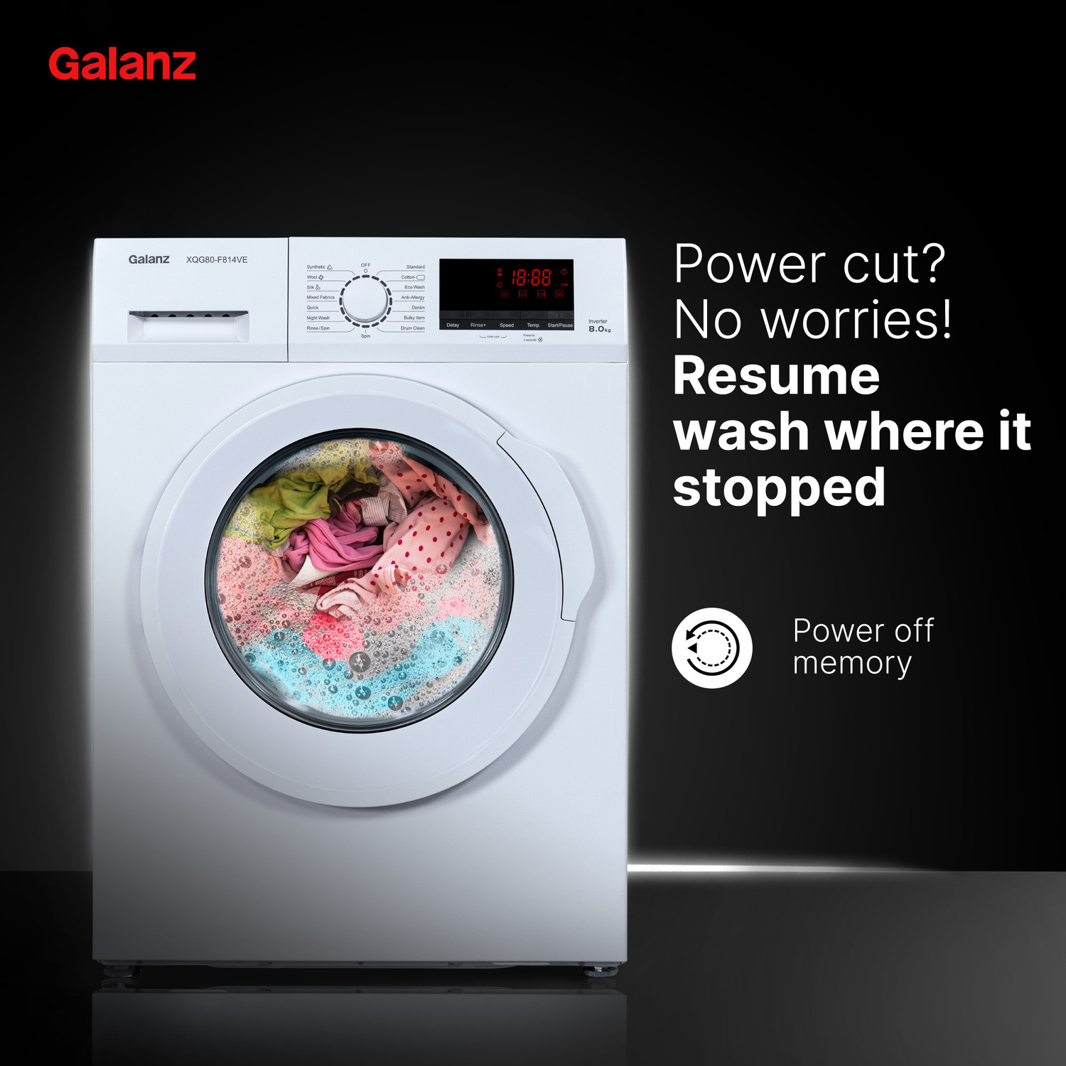 Image of Galanz 8 kg Quick Wash, Inverter Fully Automatic Front Load Washing Machine with In-built Heater White