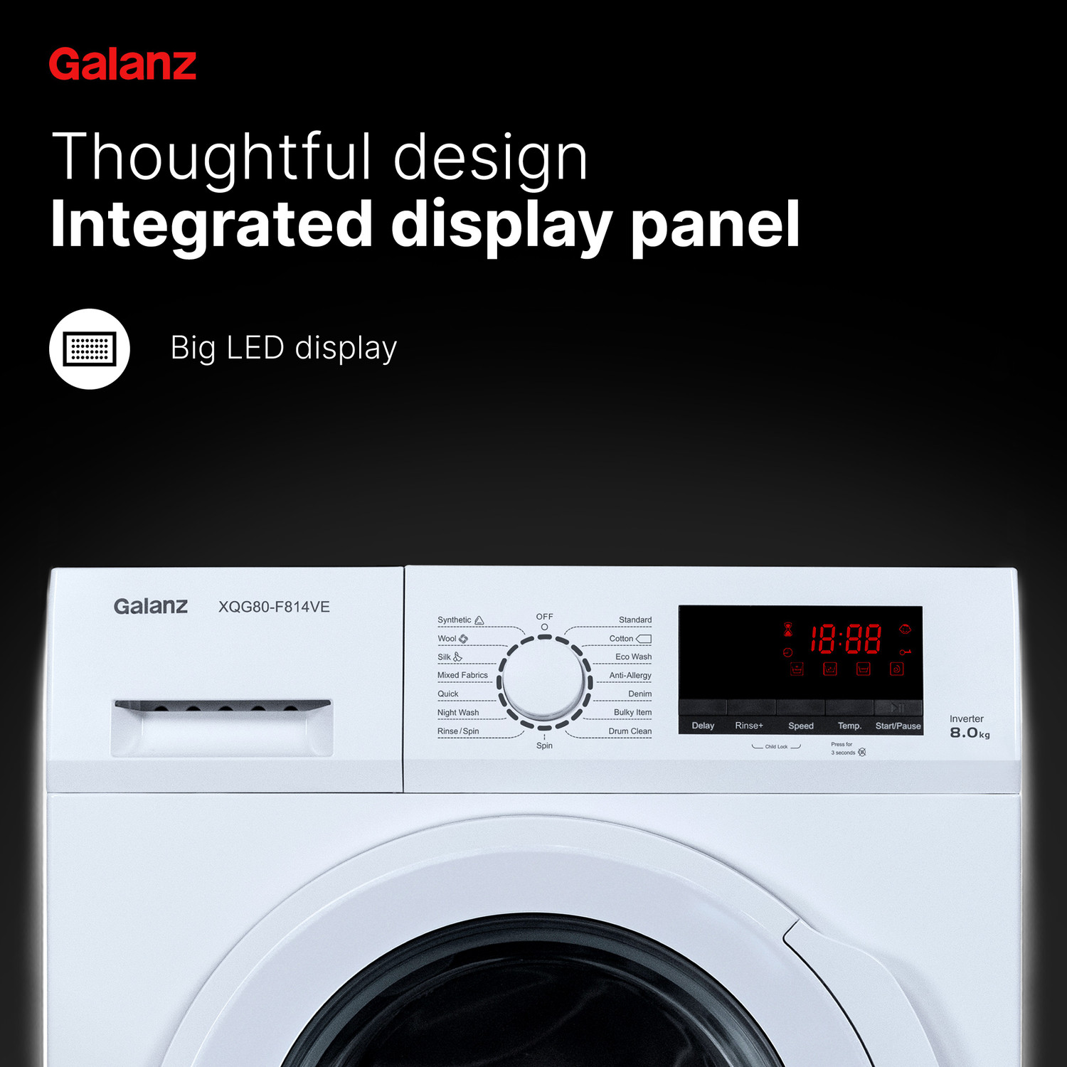 Image of Galanz 8 kg Quick Wash, Inverter Fully Automatic Front Load Washing Machine with In-built Heater White