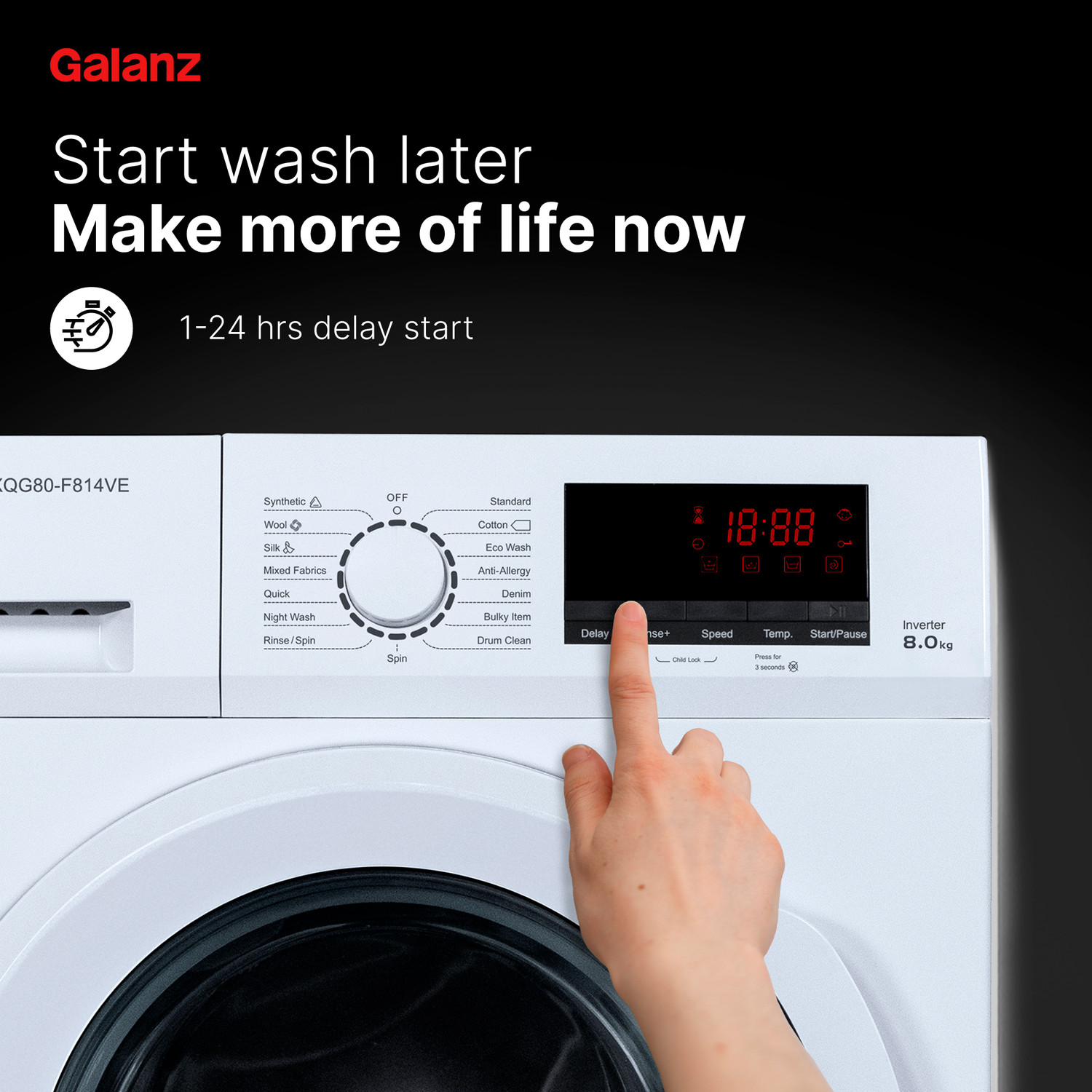 Image of Galanz 8 kg Quick Wash, Inverter Fully Automatic Front Load Washing Machine with In-built Heater White