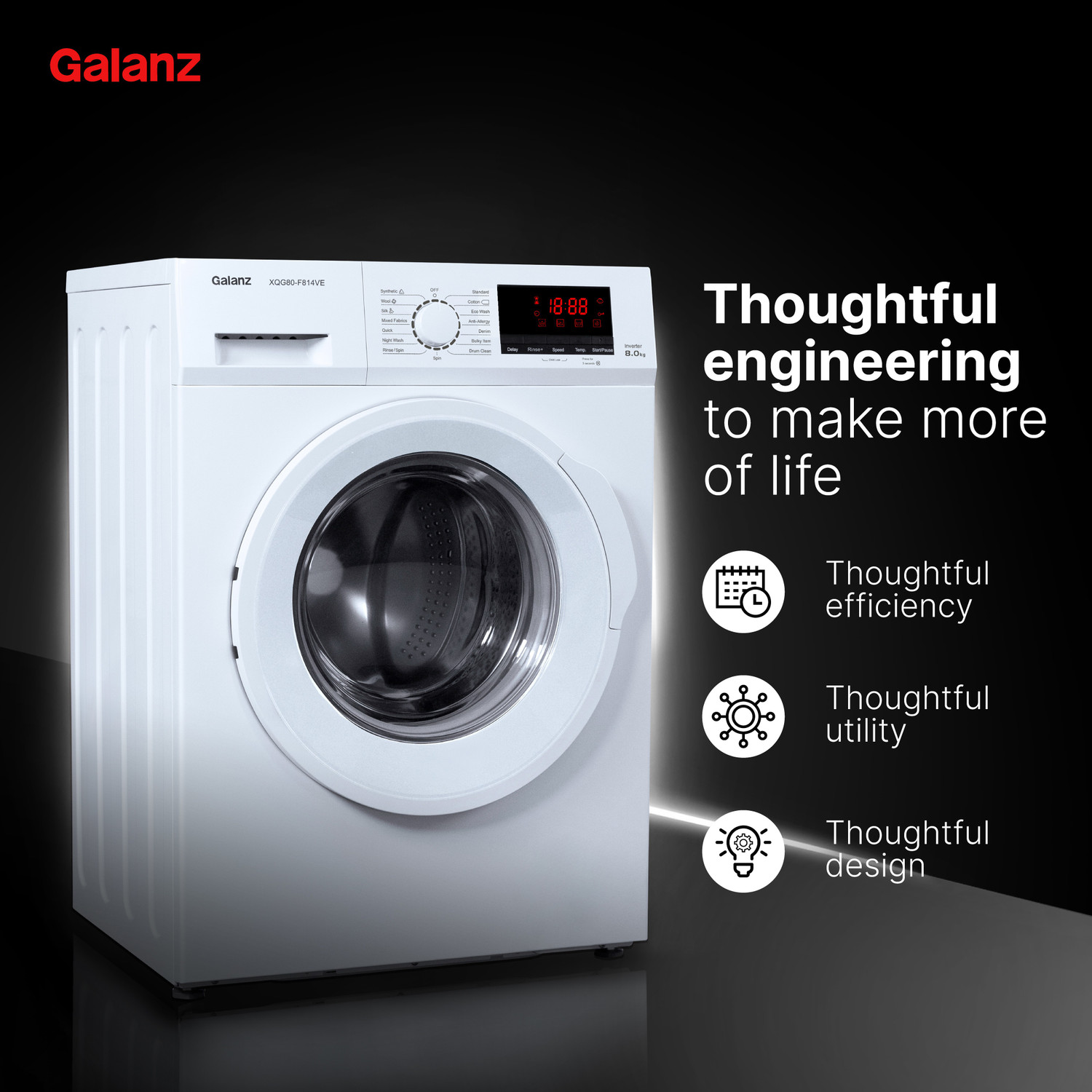 Image of Galanz 8 kg Quick Wash, Inverter Fully Automatic Front Load Washing Machine with In-built Heater White
