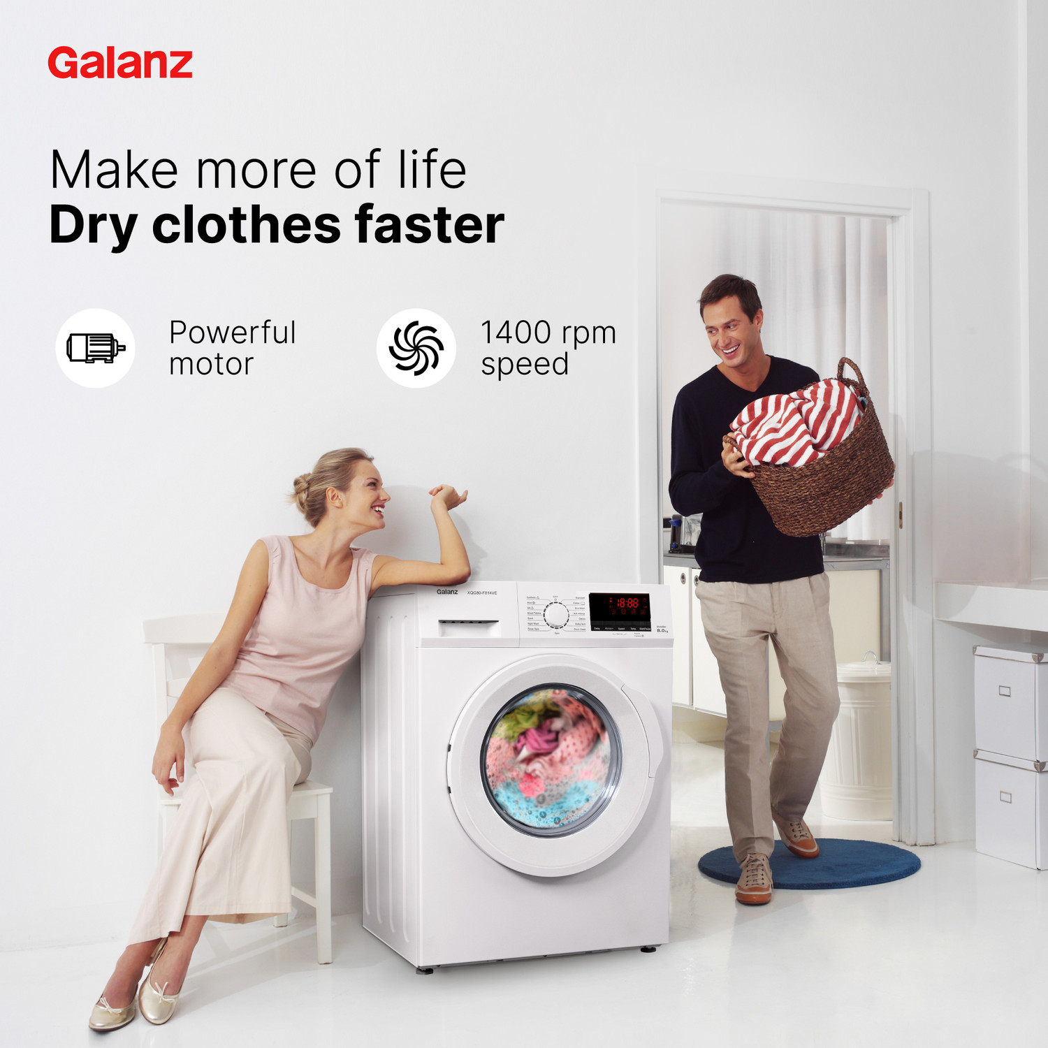 Image of Galanz 8 kg Quick Wash, Inverter Fully Automatic Front Load Washing Machine with In-built Heater White