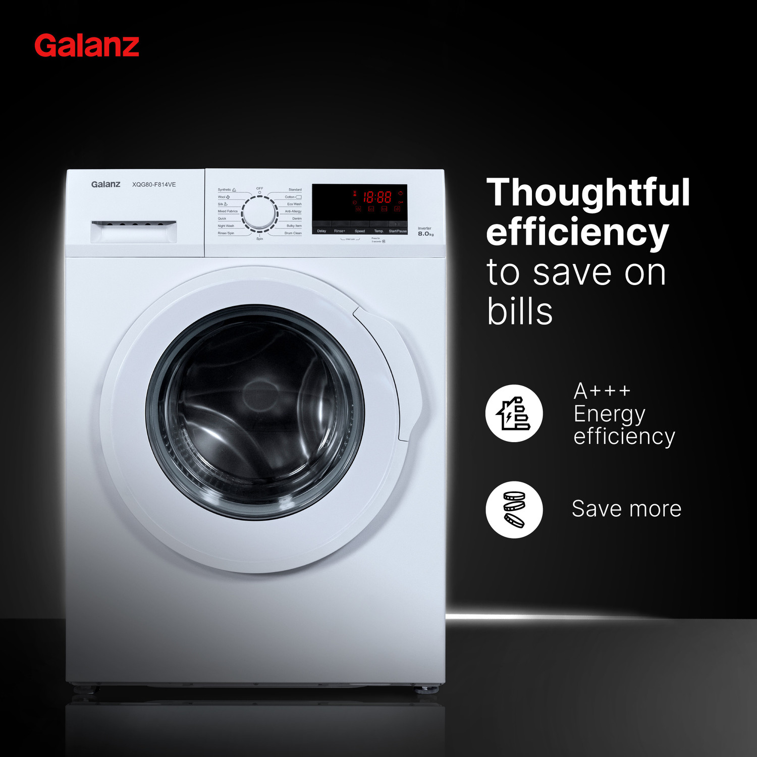 Image of Galanz 8 kg Quick Wash, Inverter Fully Automatic Front Load Washing Machine with In-built Heater White