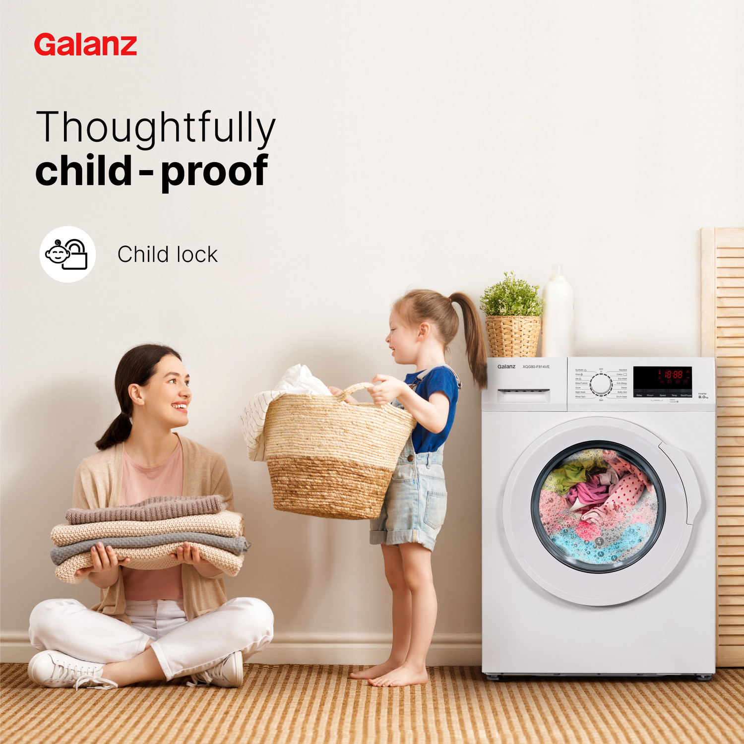 Image of Galanz 8 kg Quick Wash, Inverter Fully Automatic Front Load Washing Machine with In-built Heater White