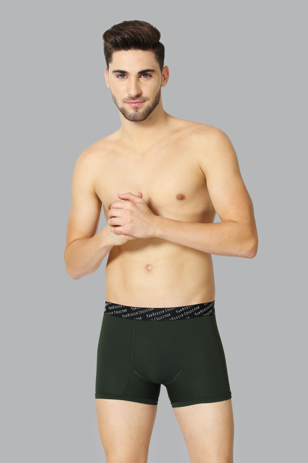 Image of VAN HEUSEN Men Green Solid 4-Way Stretch 3D Logo Waistband Tactel Trunks Solid Men Trunk