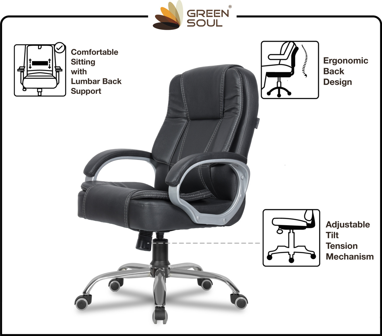 Image of GREEN SOUL Vienna Mid Back Ergonomic Chair|Home & Office use|Premium Finish|Ultra Comfort Leatherette Office Executive Chair