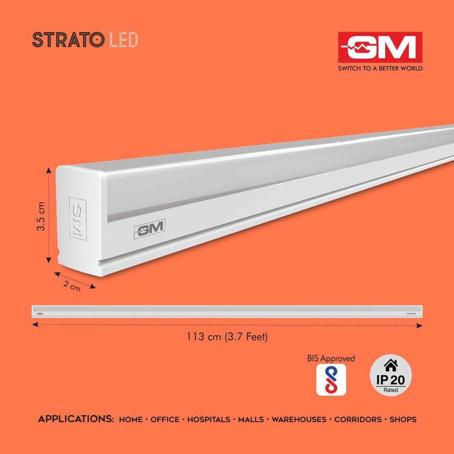 Image of GM Strato - 20 Watt LED Batten Tube Light 20 W 3.5 cm Tube Light