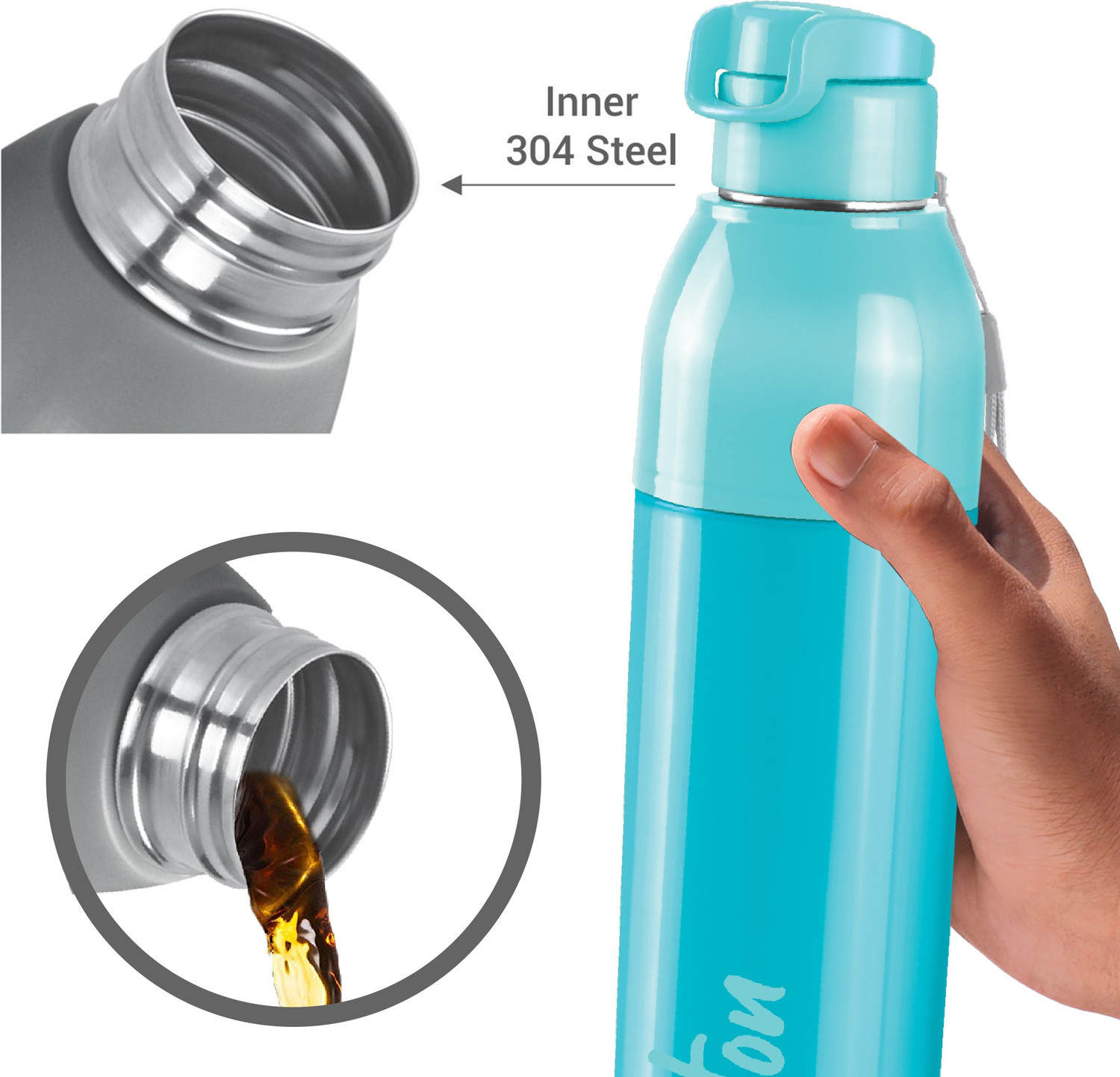 Image of MILTON Steel Convey 900 Insulated Inner Stainless Steel Water Bottle,Set of 2, Blue, Cyan 630 ml Steel Flask