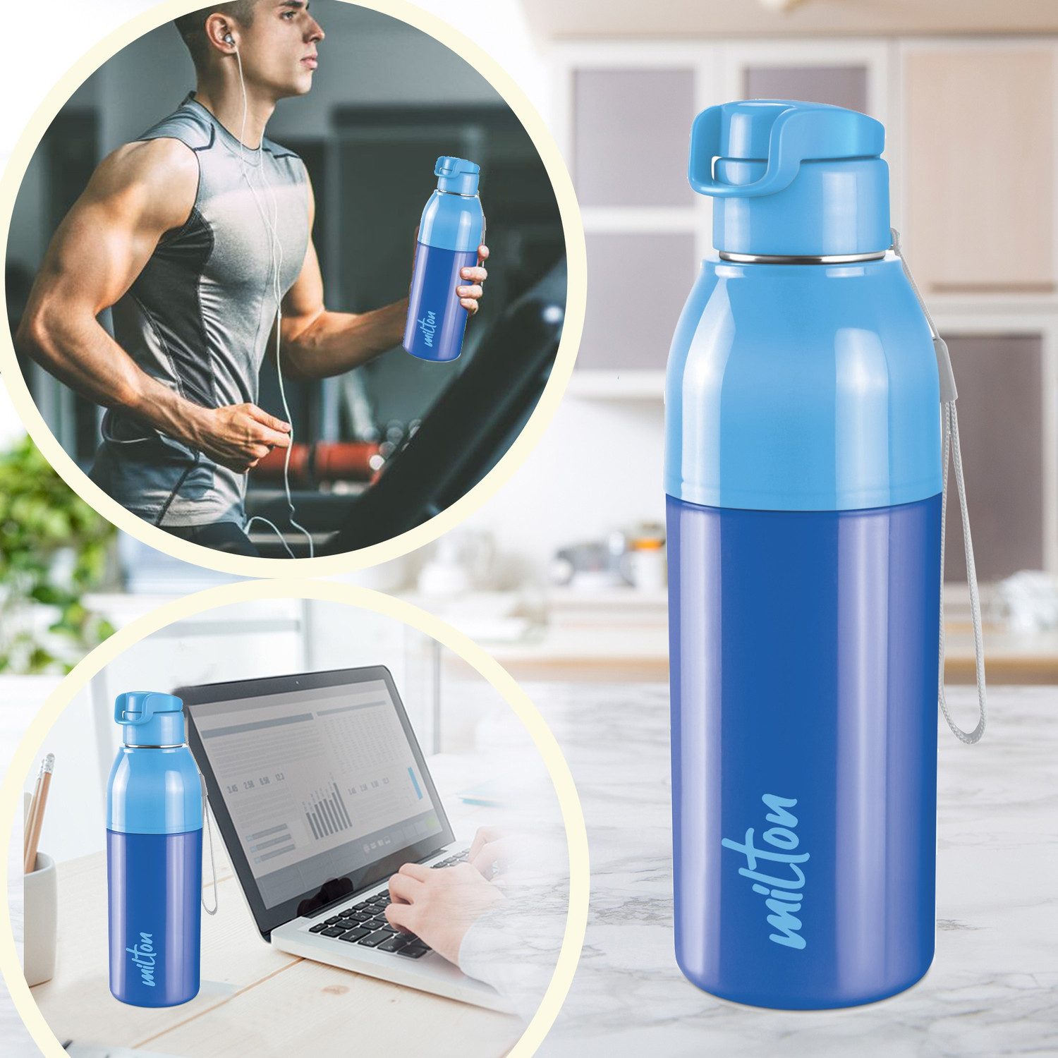 Image of MILTON Steel Convey 900 Insulated Inner Stainless Steel Water Bottle,Set of 2, Blue, Cyan 630 ml Steel Flask