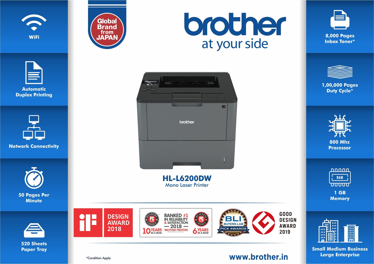 brother HLL6200DW Single Function WiFi Monochrome Laser Printer with