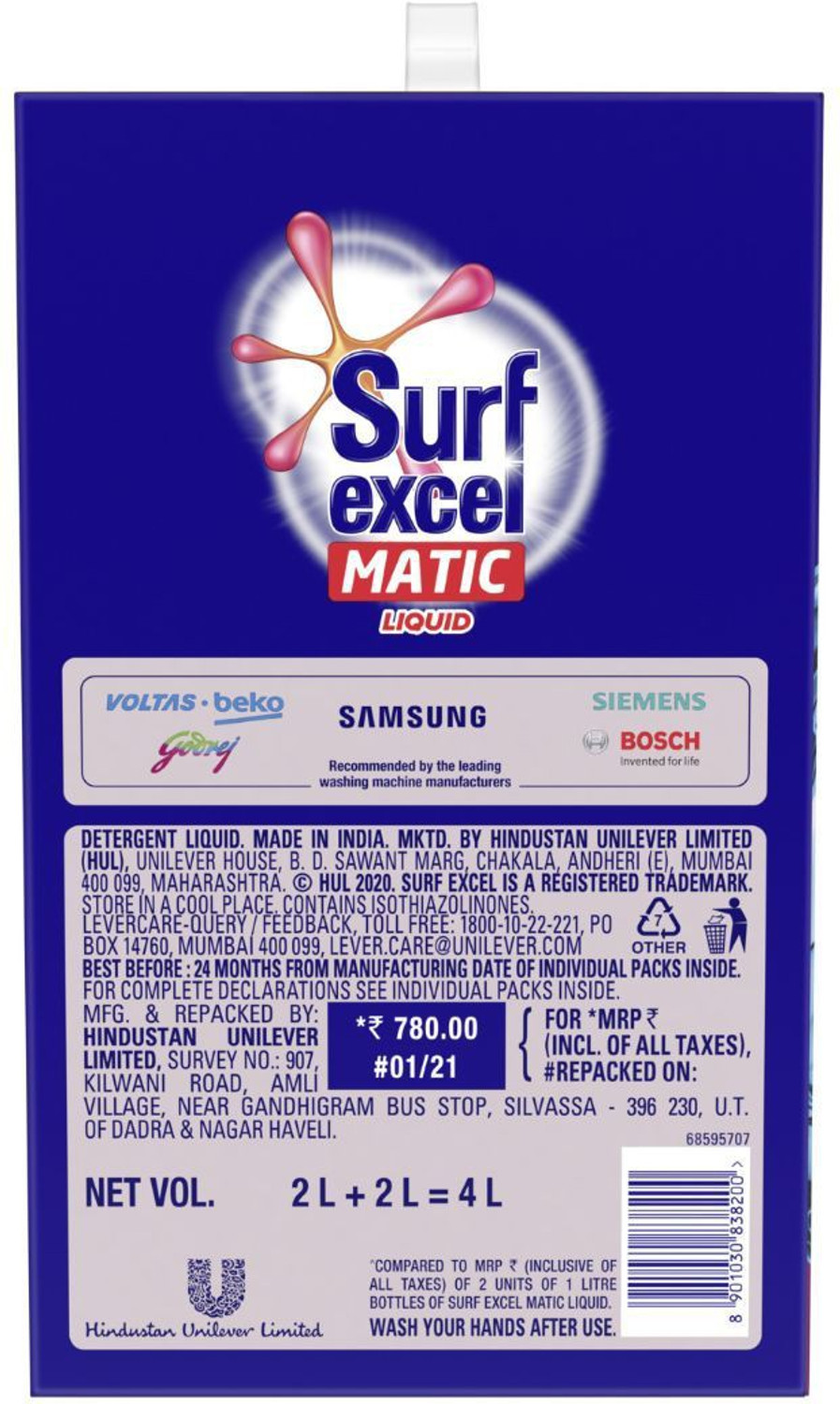 Image of Surf excel Matic Liquid Detergent Front Load 2+2 ltr Carton Liquid Detergent