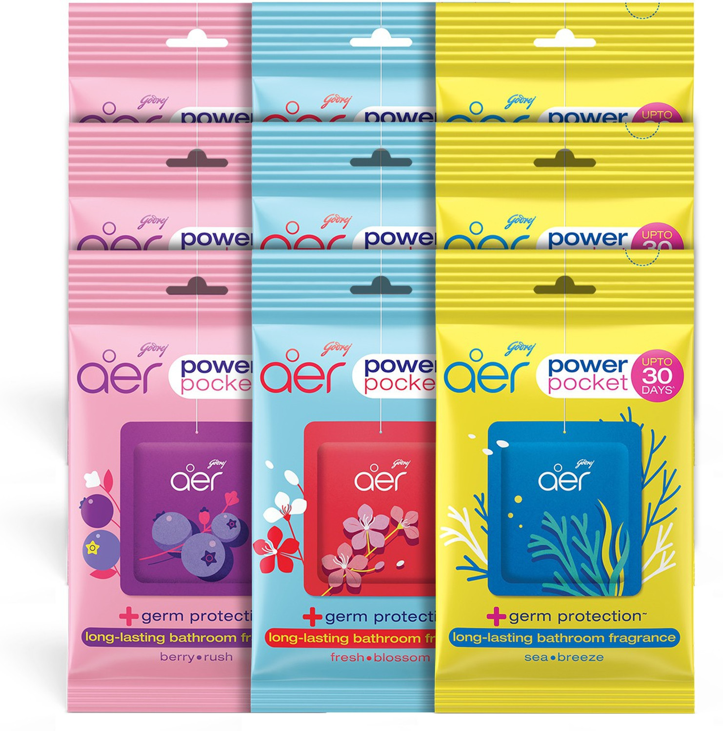 Image of Godrej Aer Power Pocket Assorted Fragrance Blocks Pocket, Bathroom Air Fragrance Pack of 9