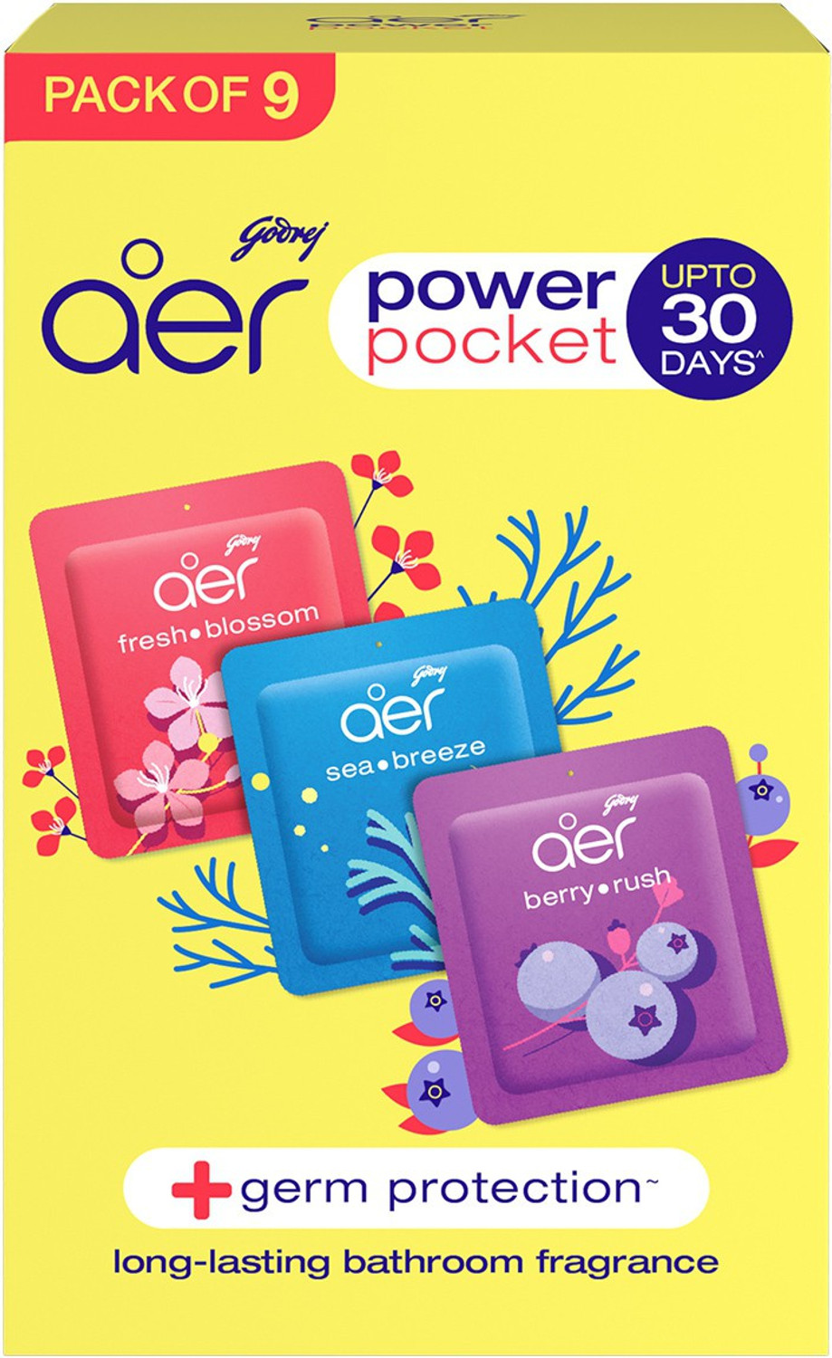 Image of Godrej Aer Power Pocket Assorted Fragrance Blocks Pocket, Bathroom Air Fragrance Pack of 9