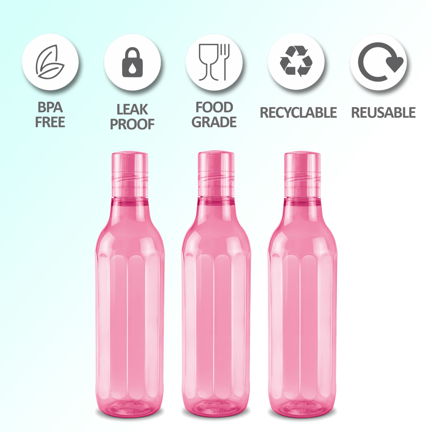 Image of MILTON Prism 1000 Pet Water Bottle, Set of 3, 1 Litre Each, Pink 1000 ml Plastic Bottle