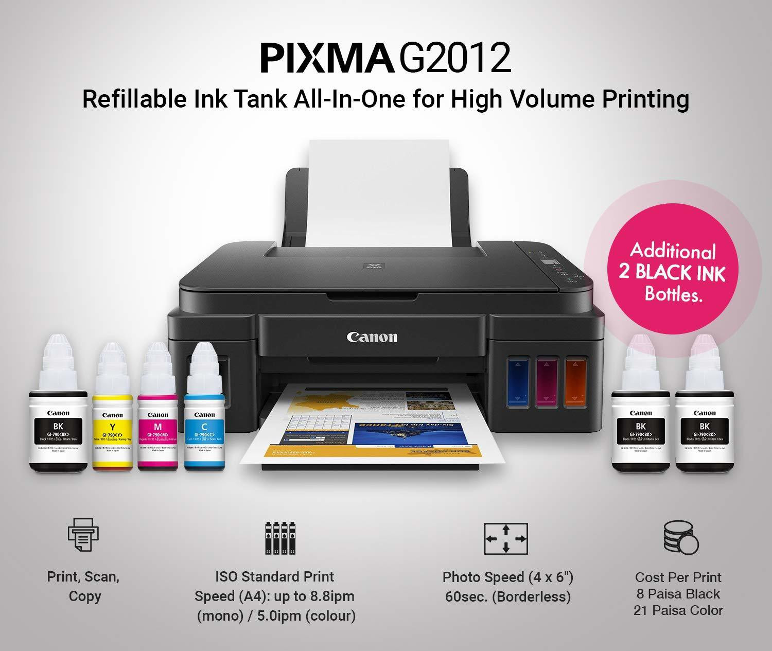 Image of Canon PIXMA MegaTank /Ink Efficient G2012 Multi-function Color Ink Tank Printer (Color Page Cost: 0.32 Rs. | Black Page Cost: 0.09 Rs.) with 2 additional Black