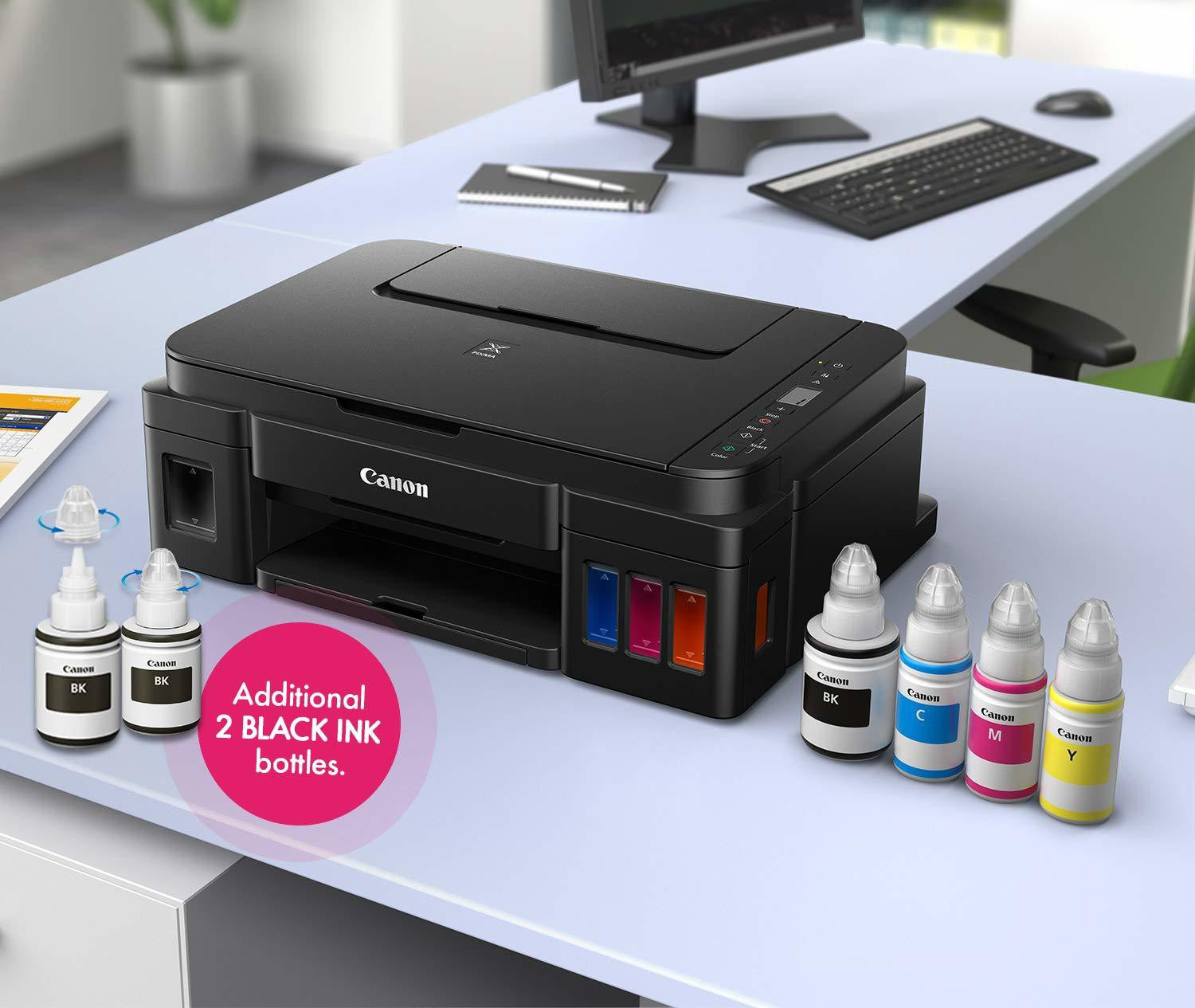 Image of Canon PIXMA MegaTank /Ink Efficient G2012 Multi-function Color Ink Tank Printer (Color Page Cost: 0.32 Rs. | Black Page Cost: 0.09 Rs.) with 2 additional Black
