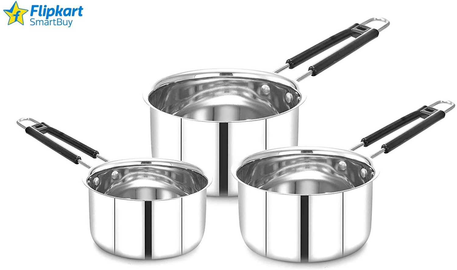 Image of Flipkart SmartBuy Sauce Pan / MILK PAN / TEA PAN 3 pcs 22 gauge COMBO SET Capacity:- 1, 1.5, 2 Liter Milk Pan 15.5 cm, 17 cm, 18.5 cm diameter 1 L, 1.5 L, 2 L (Stainless Steel) Pot 18.5 cm, 17 cm, 15.5 cm diameter 2 L, 1.5 L, 1 L capacity