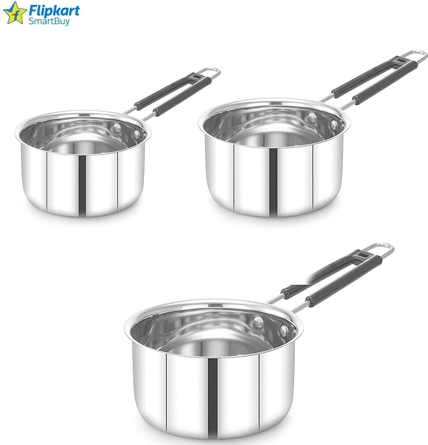 Image of Flipkart SmartBuy Sauce Pan / MILK PAN / TEA PAN 3 pcs 22 gauge COMBO SET Capacity:- 1, 1.5, 2 Liter Milk Pan 15.5 cm, 17 cm, 18.5 cm diameter 1 L, 1.5 L, 2 L (Stainless Steel) Pot 18.5 cm, 17 cm, 15.5 cm diameter 2 L, 1.5 L, 1 L capacity