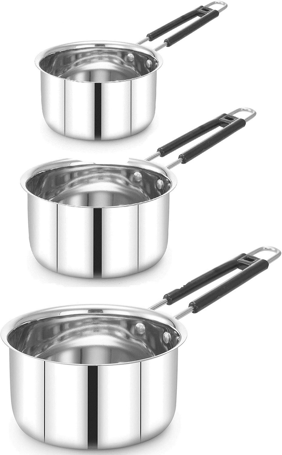 Image of Flipkart SmartBuy Sauce Pan / MILK PAN / TEA PAN 3 pcs 22 gauge COMBO SET Capacity:- 1, 1.5, 2 Liter Milk Pan 15.5 cm, 17 cm, 18.5 cm diameter 1 L, 1.5 L, 2 L (Stainless Steel) Pot 18.5 cm, 17 cm, 15.5 cm diameter 2 L, 1.5 L, 1 L capacity