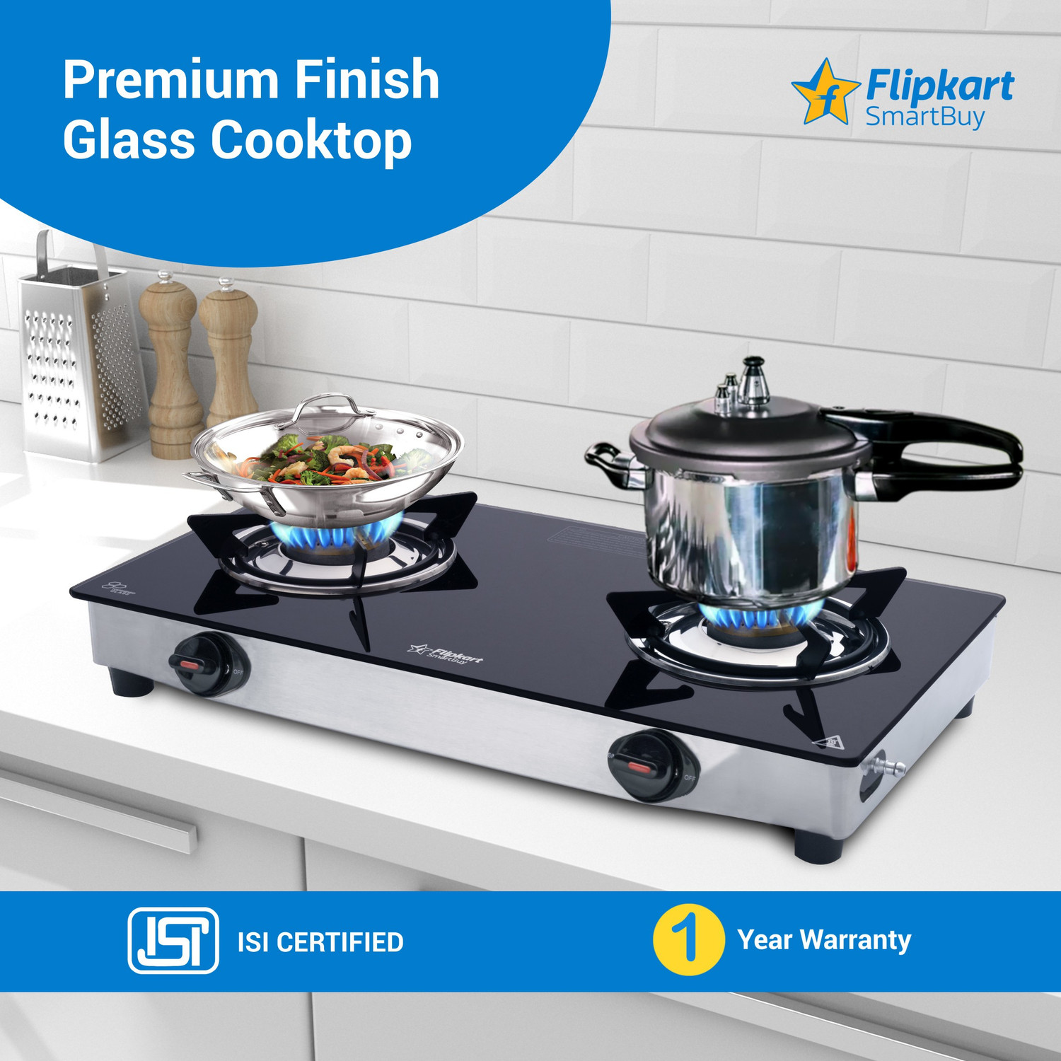 Image of Flipkart SmartBuy Regalia 2 Burners Glass, Stainless Steel Manual Gas Stove