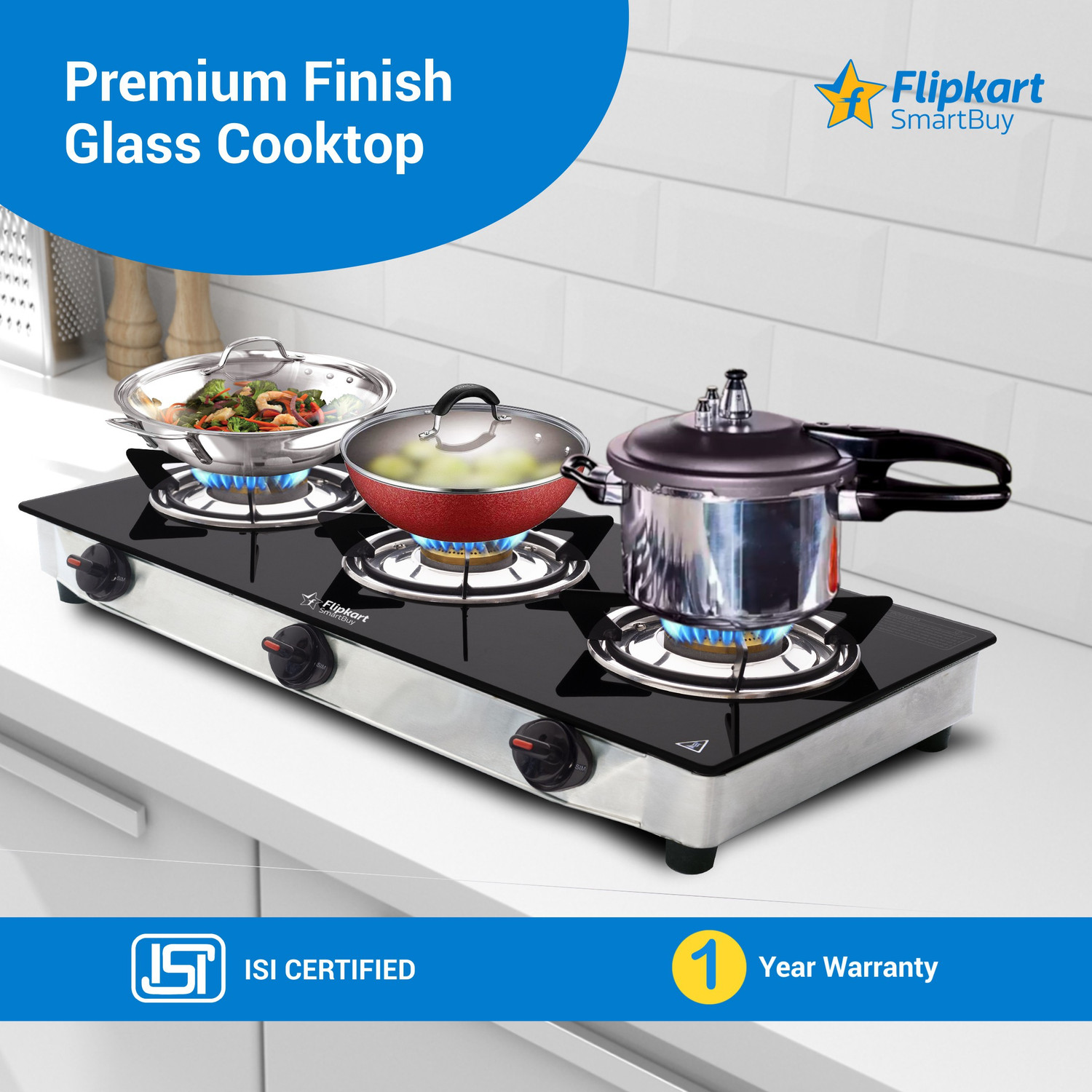 Image of Flipkart SmartBuy Regalia 3 Burners Glass Manual Gas Stove