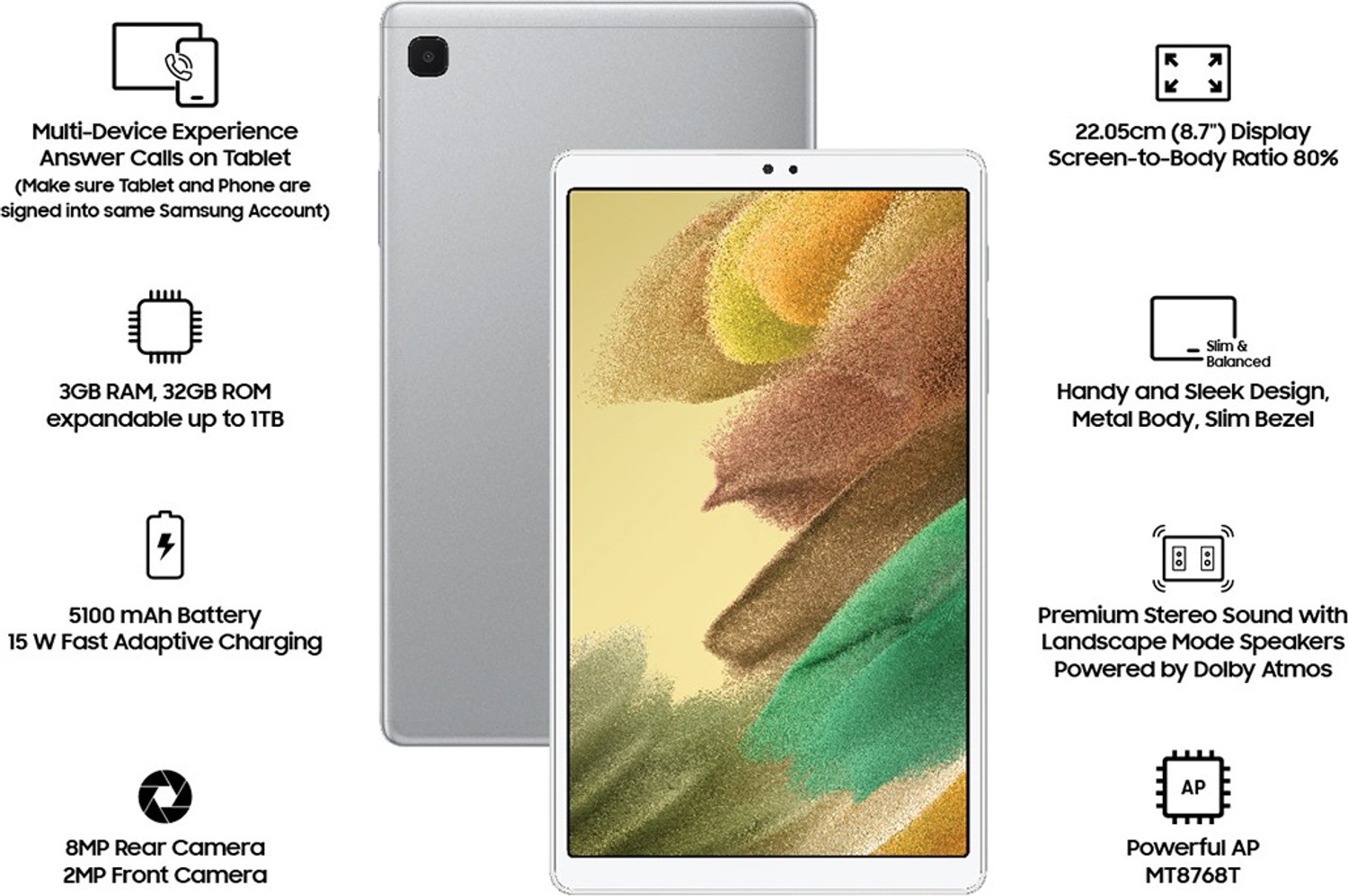 Image of Samsung Galaxy Tab A7 Lite 3 GB RAM 32 GB ROM 8.7 inches with Wi-Fi Only MediaTek Tablet (Silver)