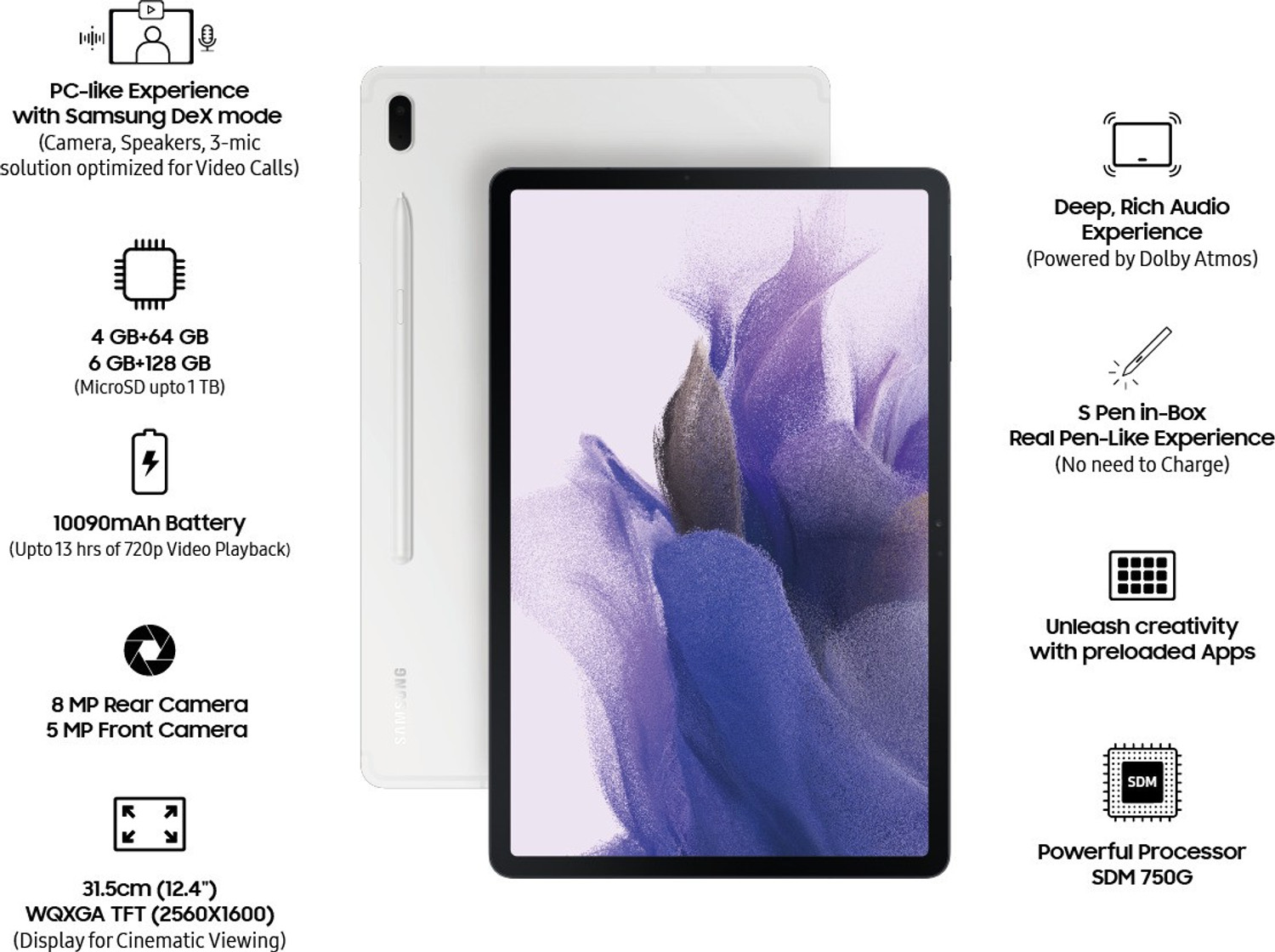 Image of Samsung Galaxy Tab S7 FE With Stylus 6 GB RAM 128 GB ROM 12.4 inches with 4G Qualcomm Snapdragon 700 Series Tablet (Silver)