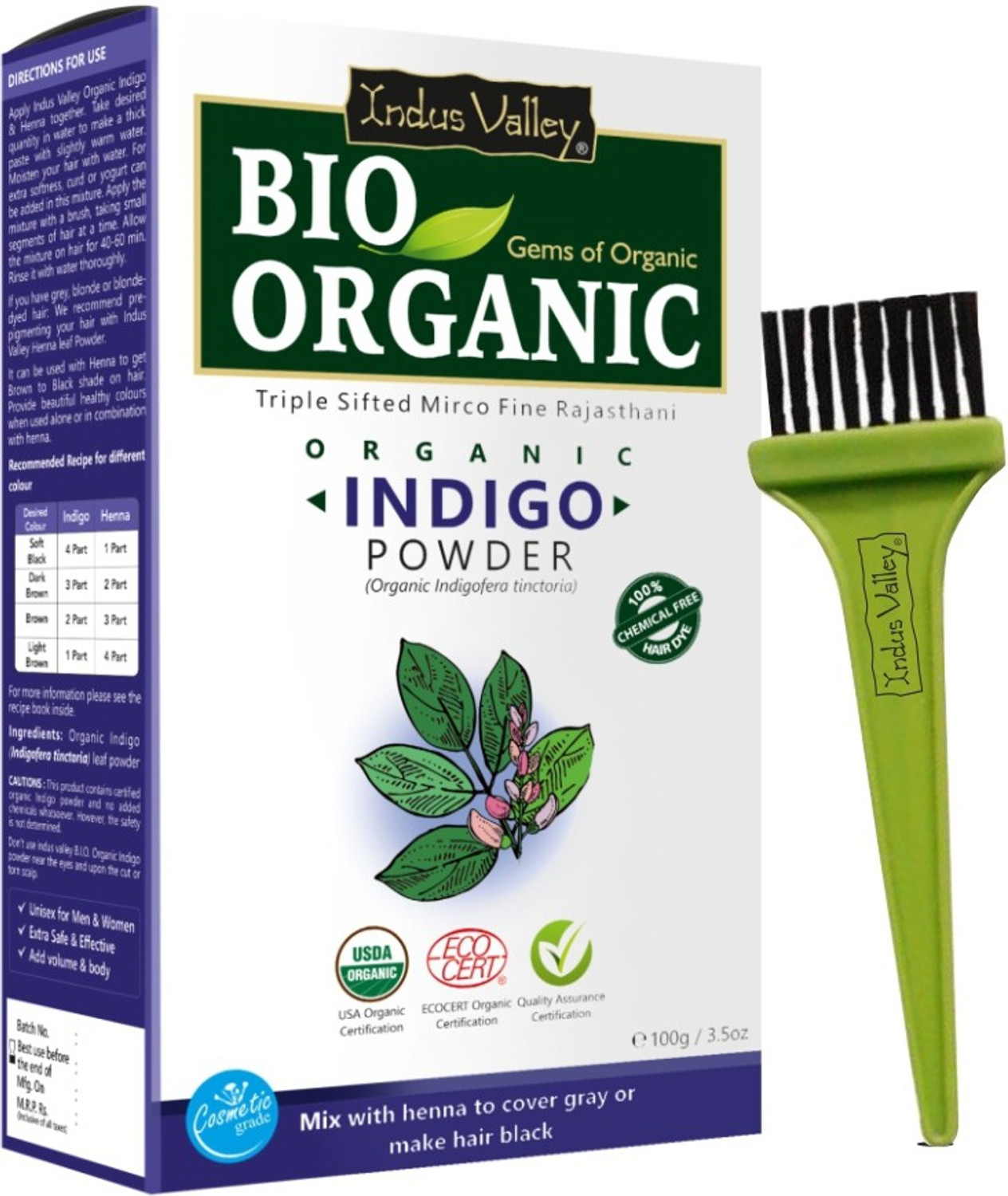 Indus Valley BIO Organic INDIGO HENNA (Indigofera Tinctoria) with Color Recipe Book + Applicator Brush Kit