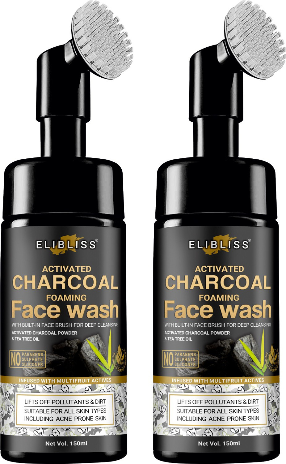Image of ELIBLISS Activated Charcoal Blackhead Removal, Deep Cleansing & De-Tanning Foaming with Built-In Face Brush Pack OF 2 Face Wash
