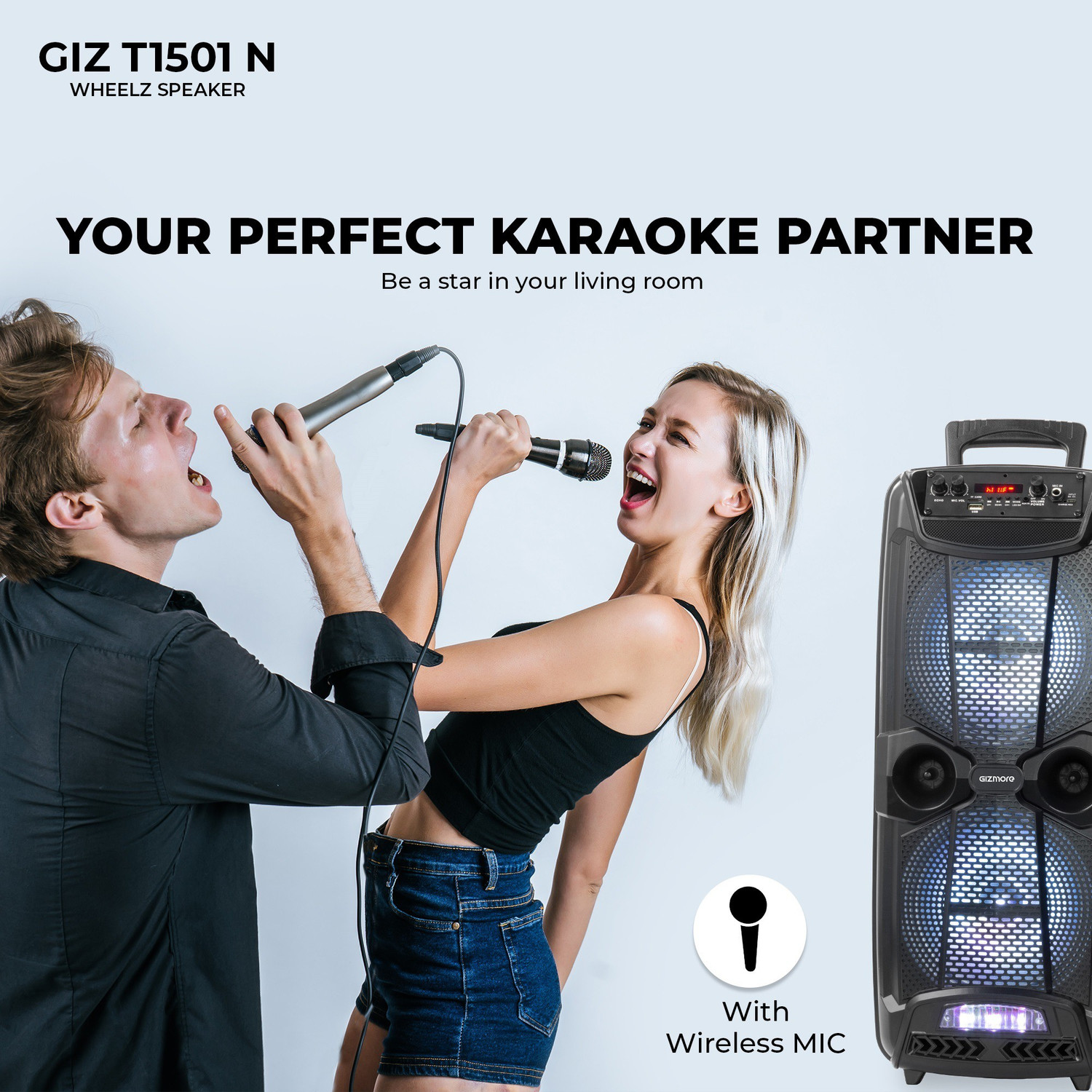 Image of Gizmore GIZ WHEELZ T1501N Portable Party Speaker 2000W P.M.P.O with Wireless Mic Input. 20 W Bluetooth Home Theatre