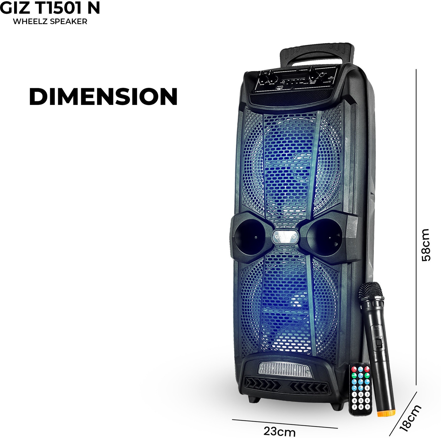 Image of Gizmore GIZ WHEELZ T1501N Portable Party Speaker 2000W P.M.P.O with Wireless Mic Input. 20 W Bluetooth Home Theatre