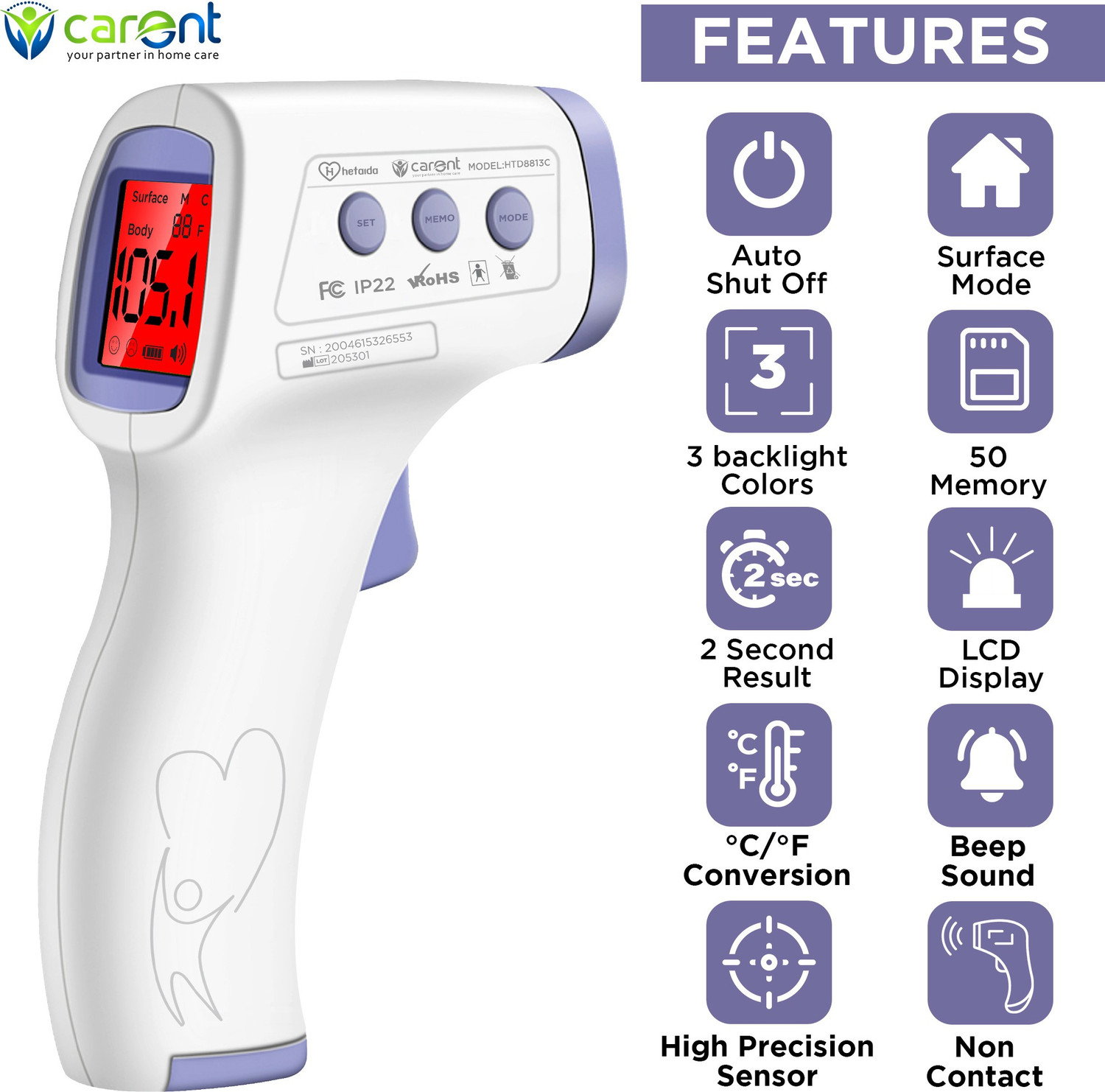Image of Carent HTD8813C Infrared Non Contact Forehead Gun For Kids & Adults (With Batteries) Thermometer
