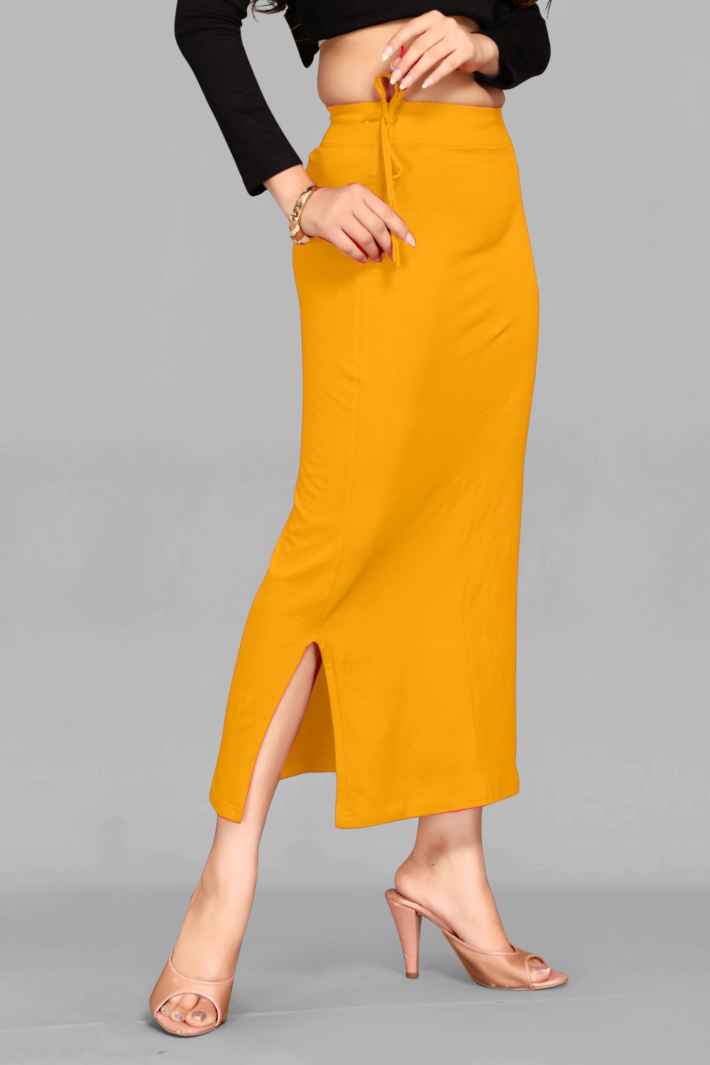 SCUBE DESIGNS Women Saree Shapewear Mustard Yellow (M) Lycra Blend
