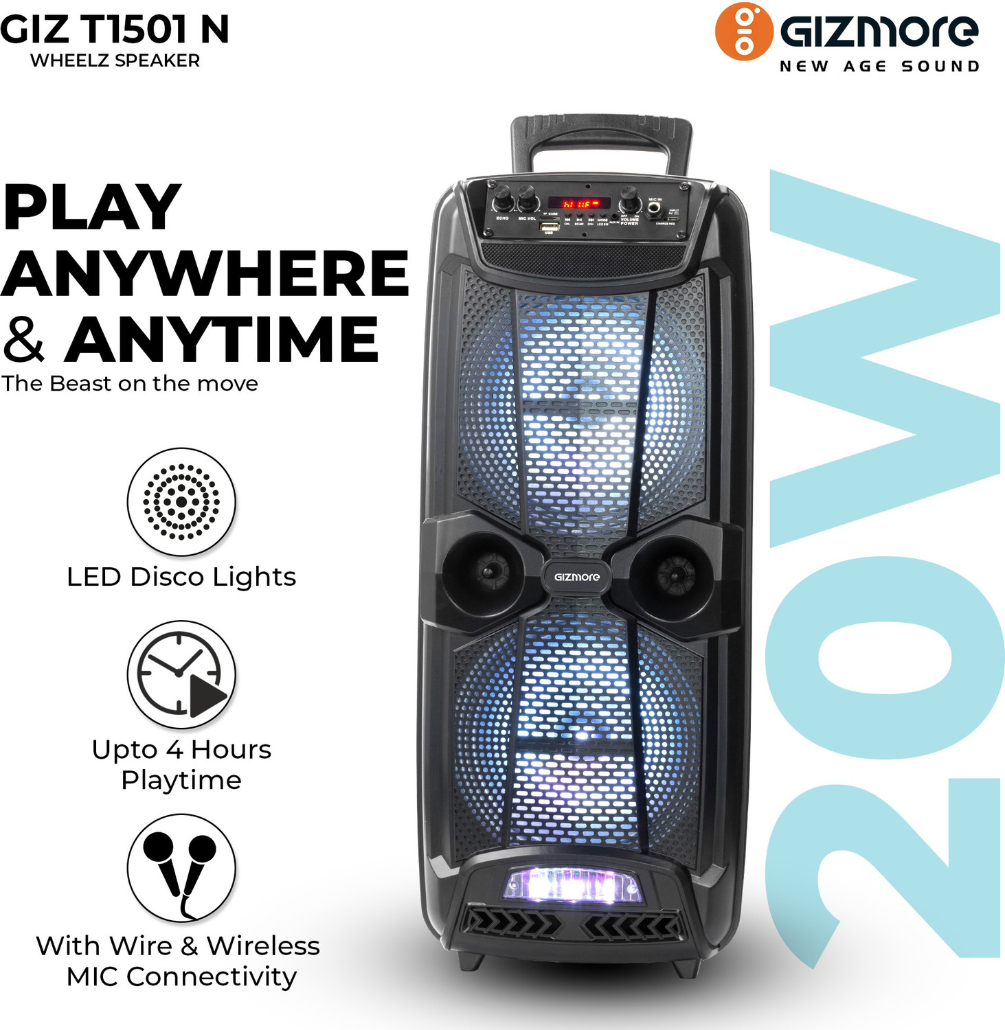 Image of Gizmore GIZ WHEELZ T1501N Portable Party Speaker 2000W P.M.P.O with Wireless Mic Input. 20 W Bluetooth Home Theatre