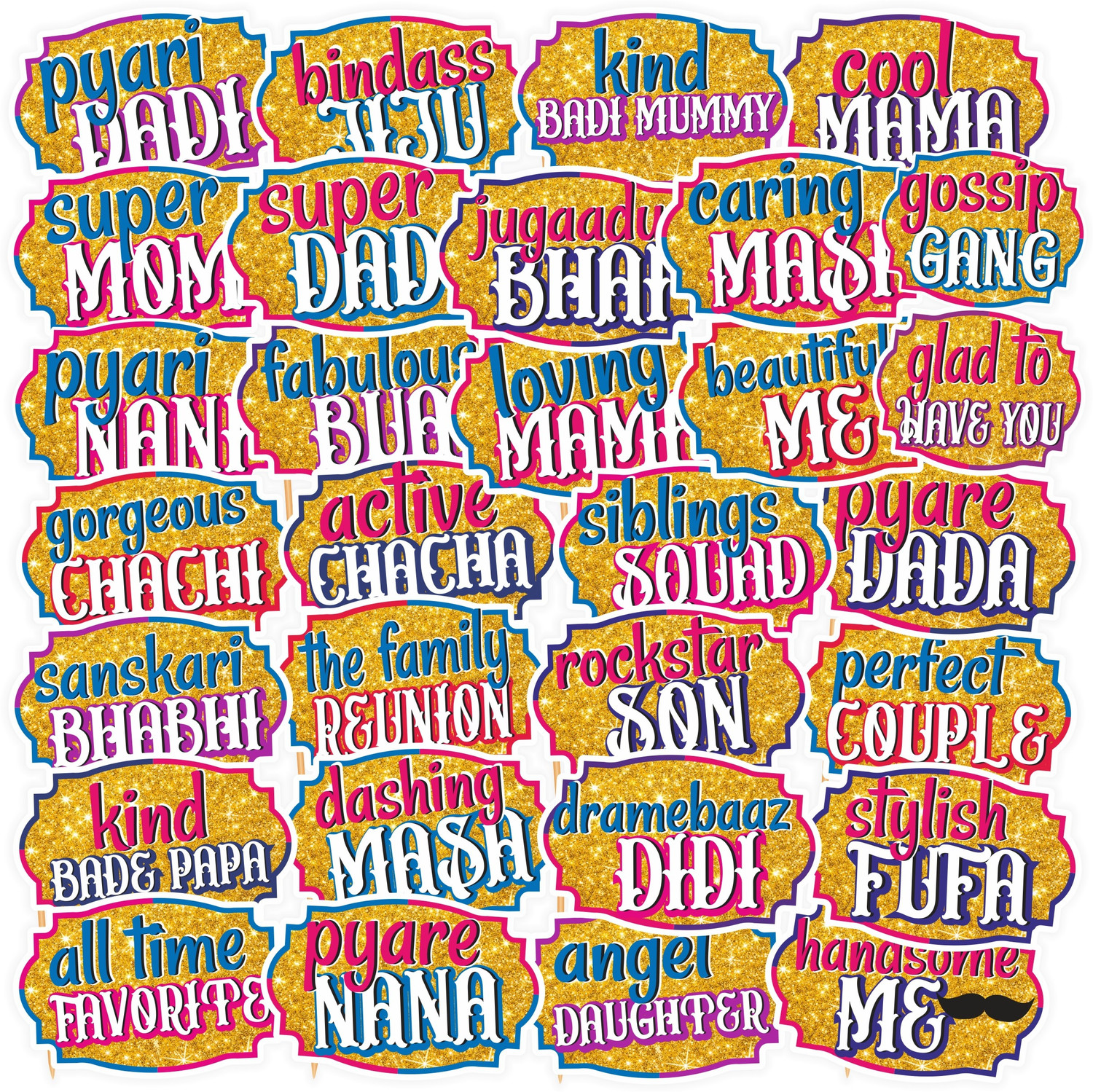 Image of SYGA Family Photo Booth All Occasion Function Party Props Indian Baby Shower Festival Props for Family Wedding /Anniversary / Haldi / Reception / Birthday Party / Reunion / Get-Together / Sangeet-30Pcs Photo Booth Board