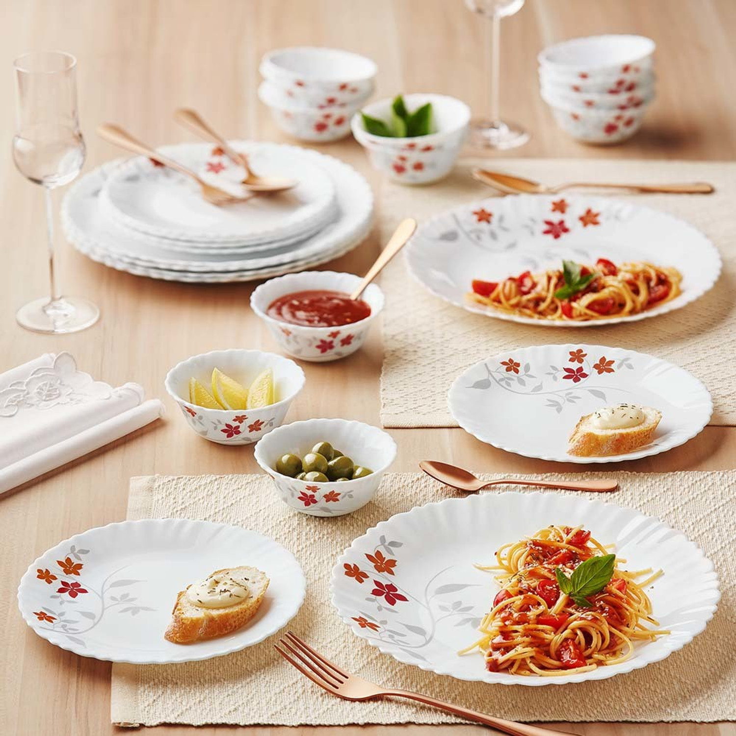 Image of BOROSIL Pack of 66 Opalware Bridal set Premium Quality made in India 100% Bone ash free Classic Dinner Set (Grey, Microwave Safe)