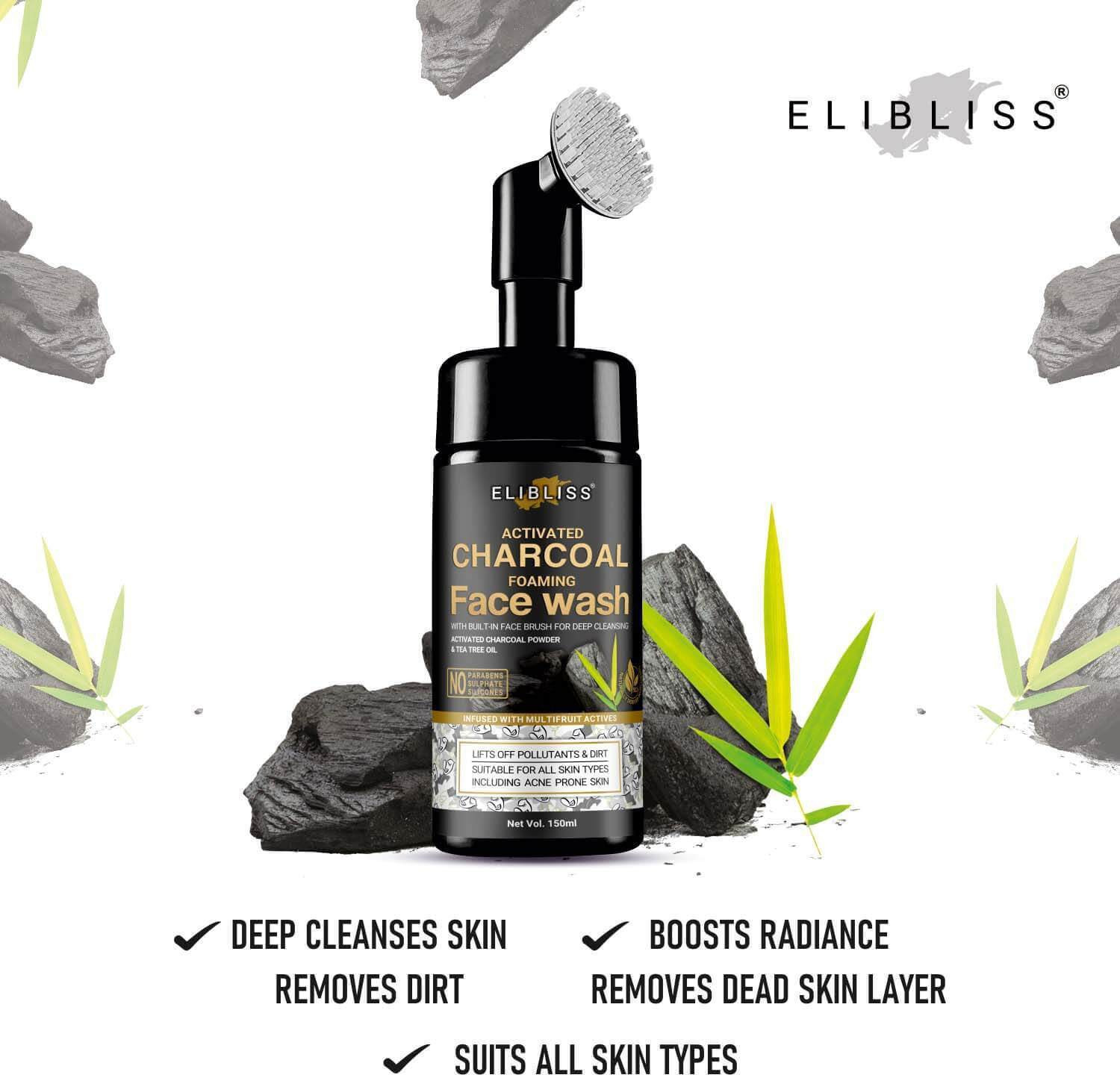 Image of ELIBLISS Activated Charcoal Foaming with Built-In Face Brush for deep cleansing, Anti-Pollution, oil control - No Parabens, Sulphate, Silicones - 150mL Face Wash