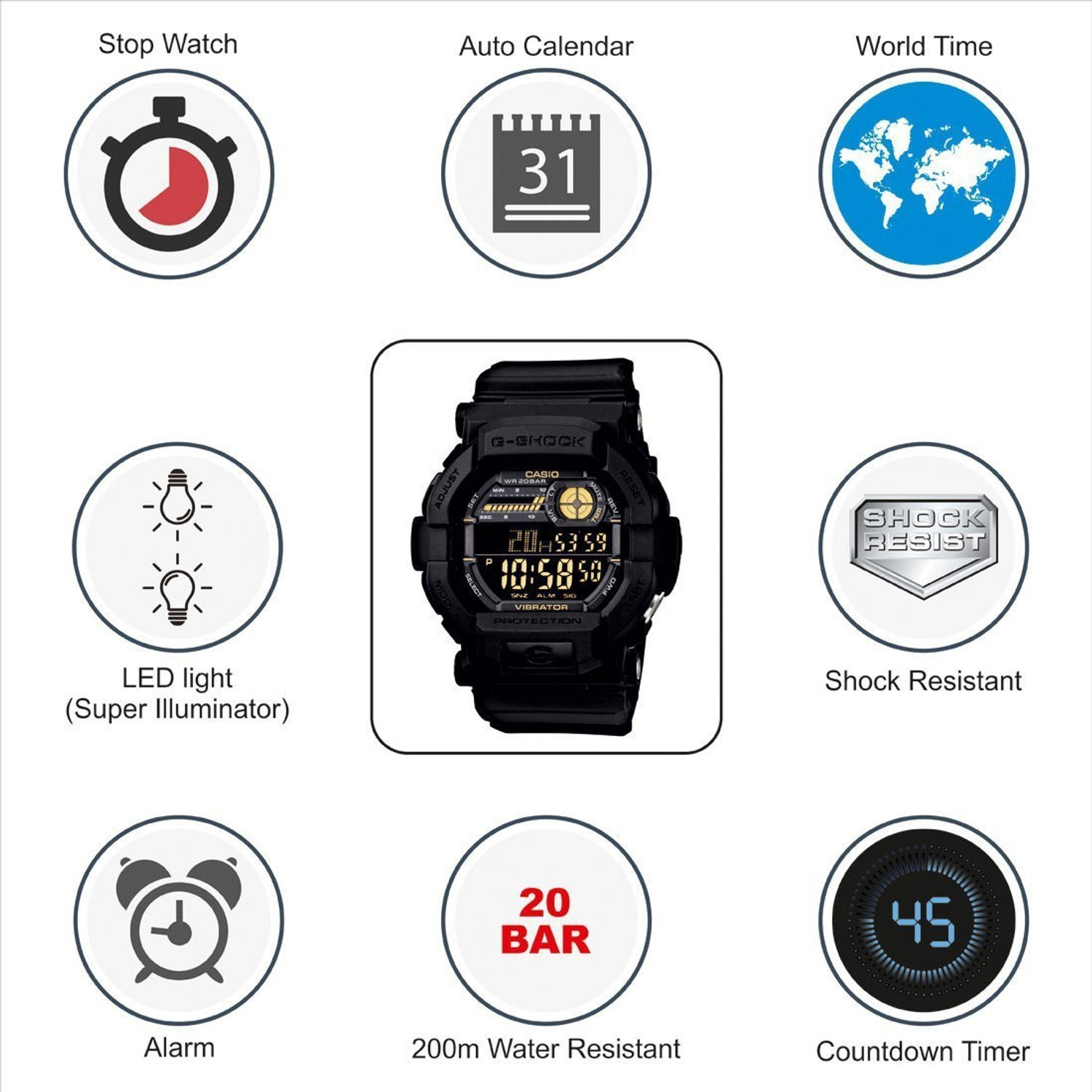 Image of CASIO GD-350-1BDR G-SHOCK GD-350-1BDR Dial Black Resin Strap Digital Watch - For Men
