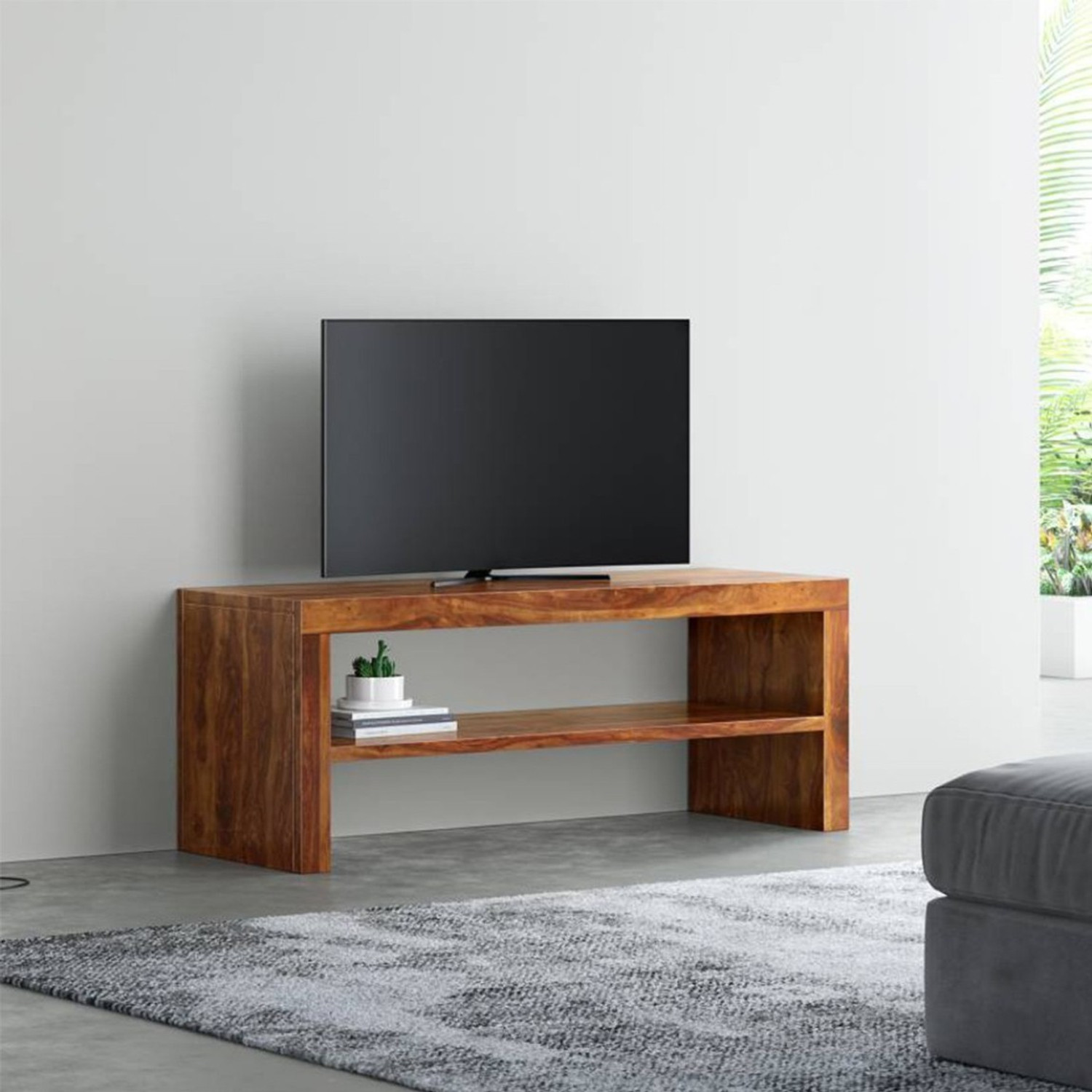 Image of Shree Jeen Mata Enterprises Solid Wood TV Cabinet|Wooden TV Rack|Sheesham Wood TV Entertainment Unit|TV Rack Solid Wood TV Entertainment Unit (Finish Color - Honey Teak, Pre-assembled)