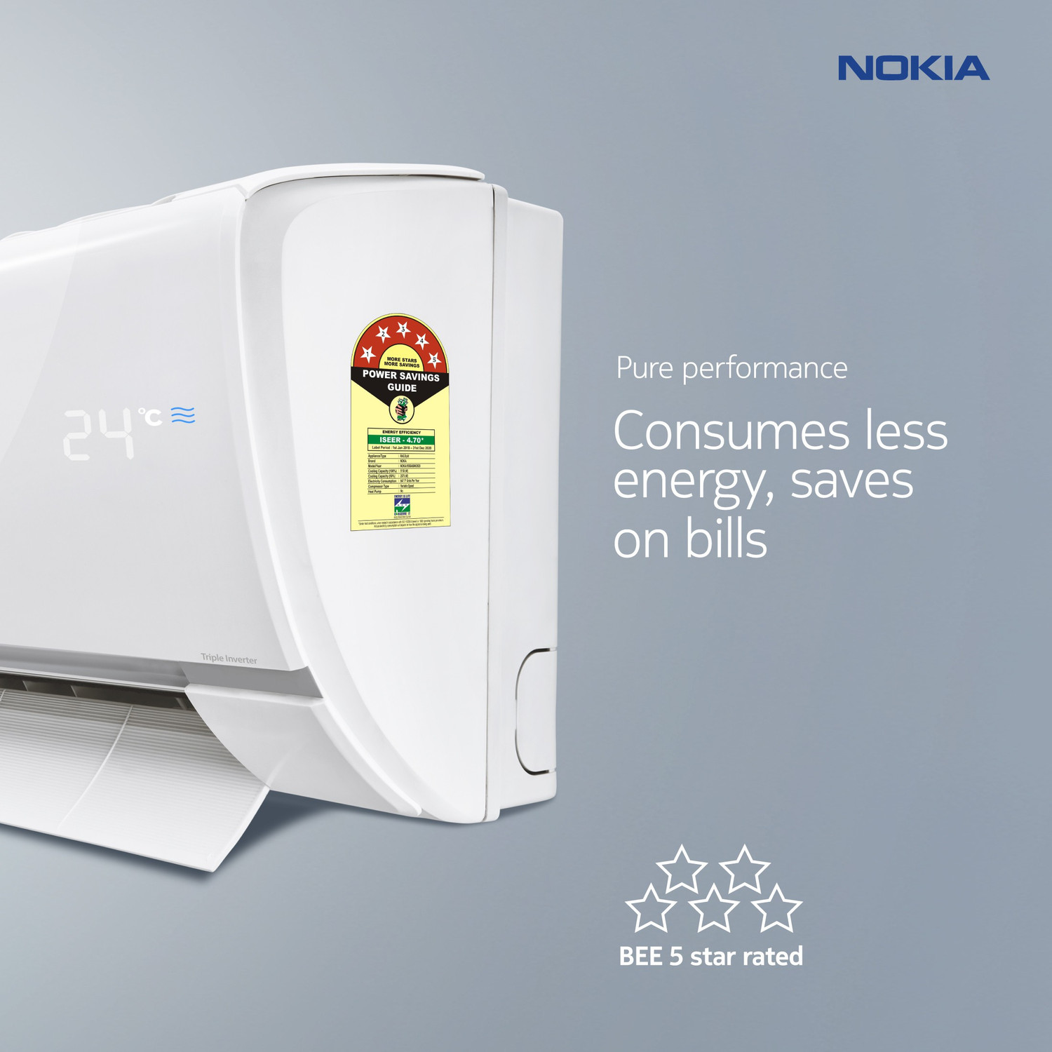 Image of Nokia 4 in 1 Convertible Cooling 1.5 Ton 5 Star Split Triple Inverter Smart AC with Wi-fi Connect - White (NOKIA155SIASMI, Copper Condenser)